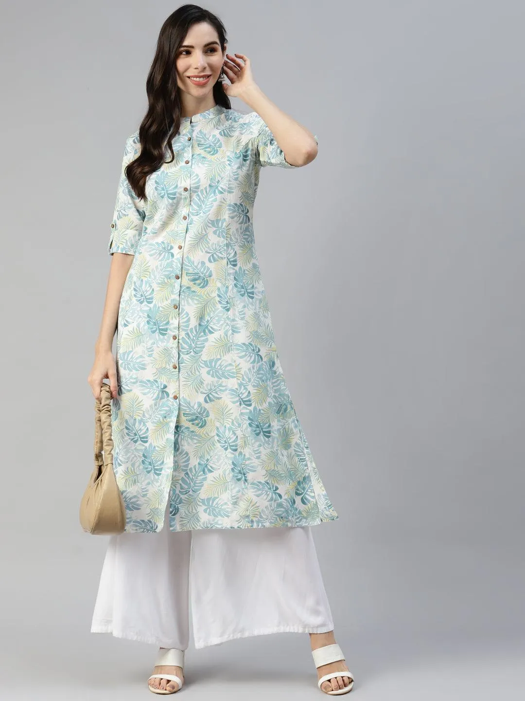 Divena Divena White Floral Printed Cotton Flex A-line Kurta