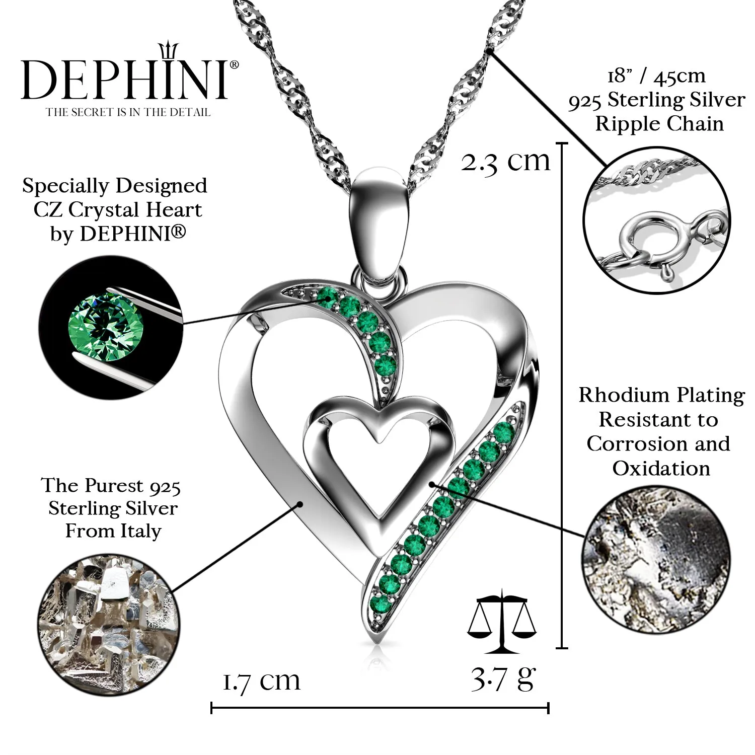 Double Heart Necklace 925 Sterling Silver Jewellery Dephini Green CZ