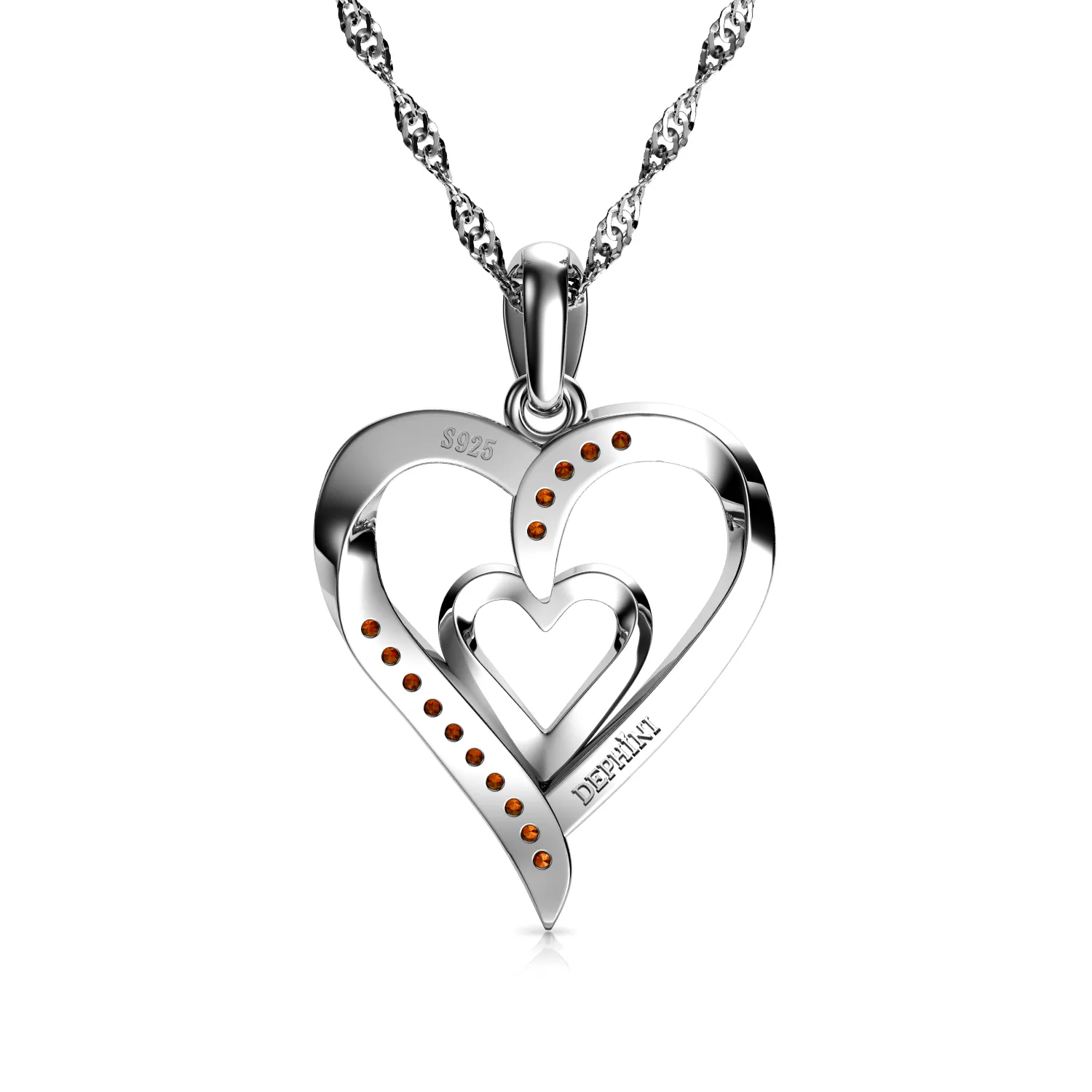 Double Heart Necklace 925 Sterling Silver Jewellery Dephini Orange CZ