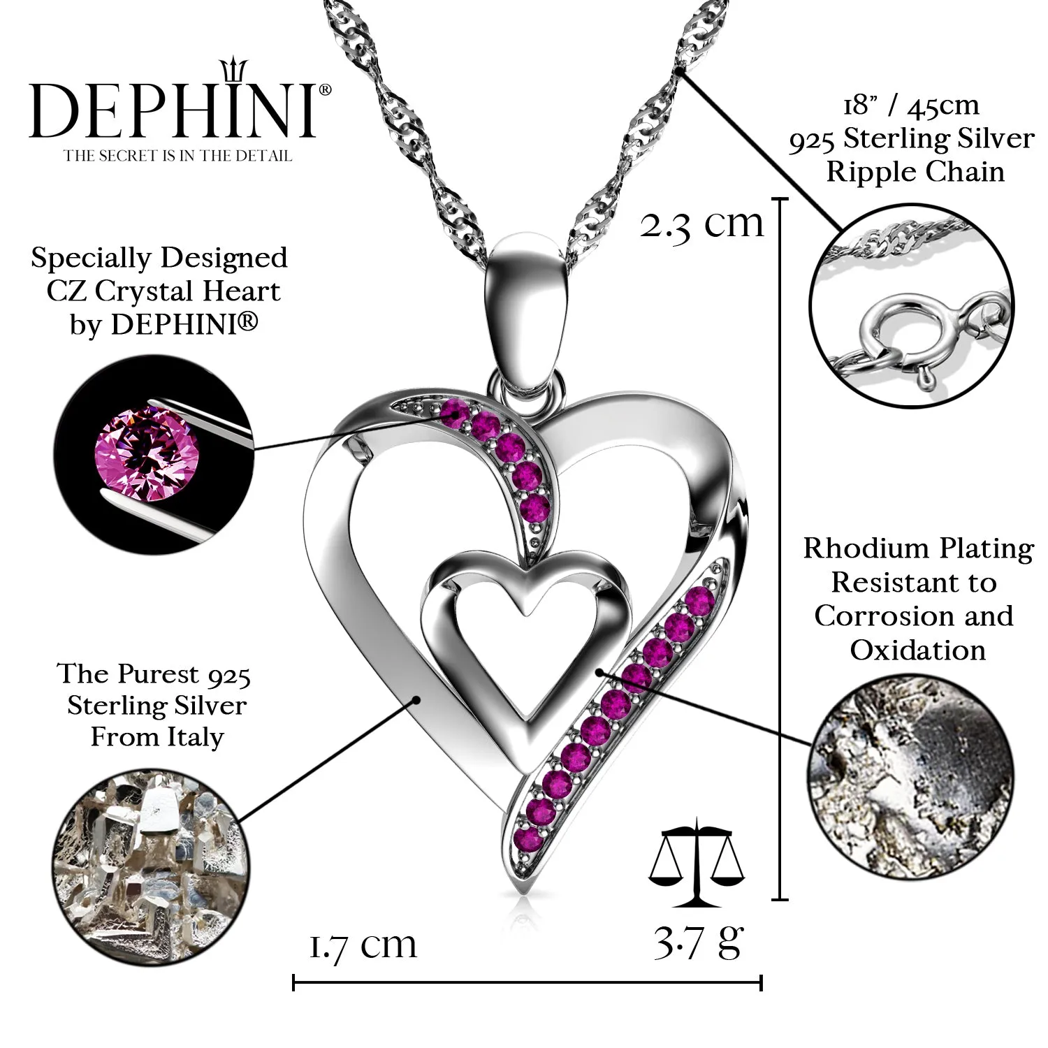 Double Heart Necklace 925 Sterling Silver Jewellery Dephini Pink CZ