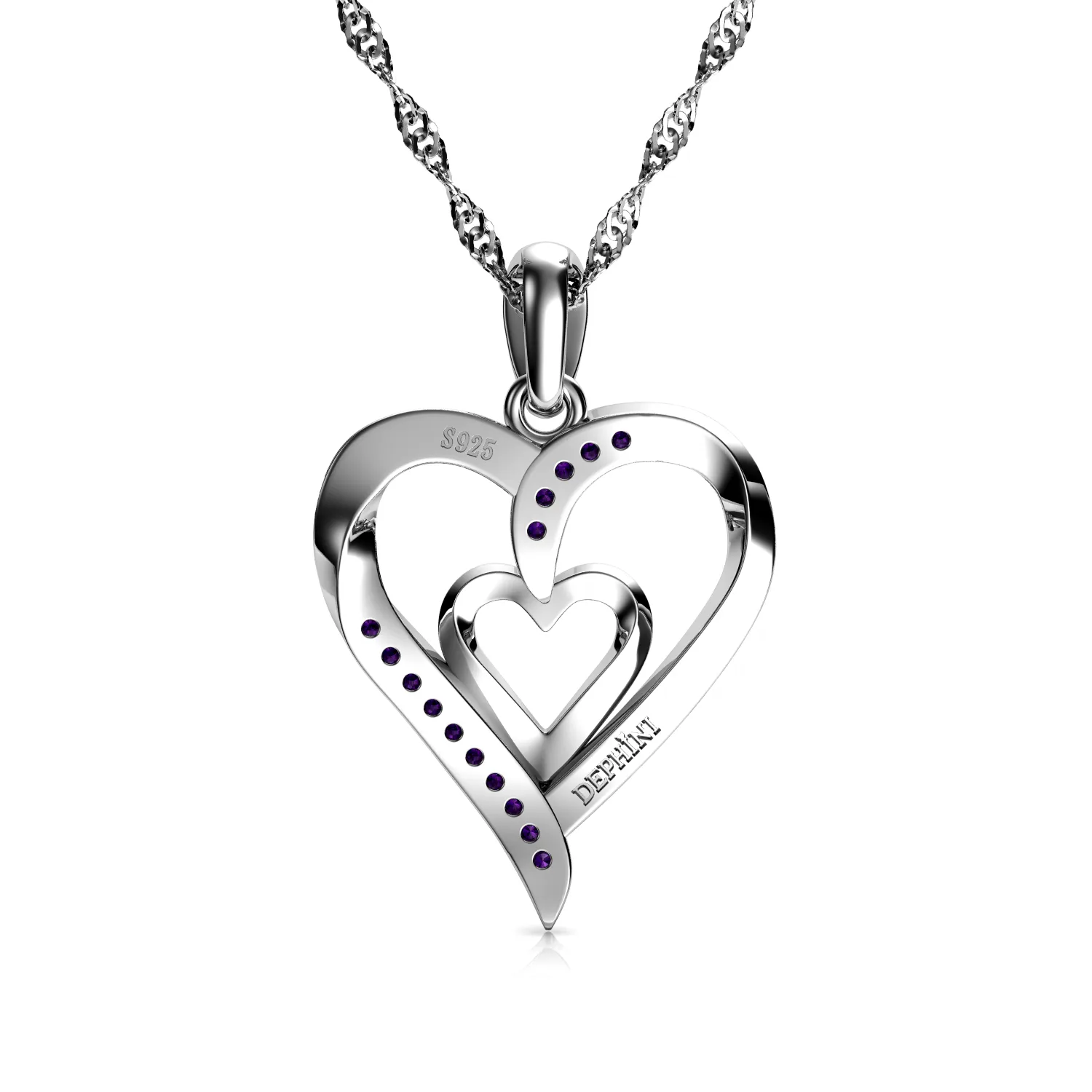 Double Heart Necklace 925 Sterling Silver Jewellery Dephini Purple CZ