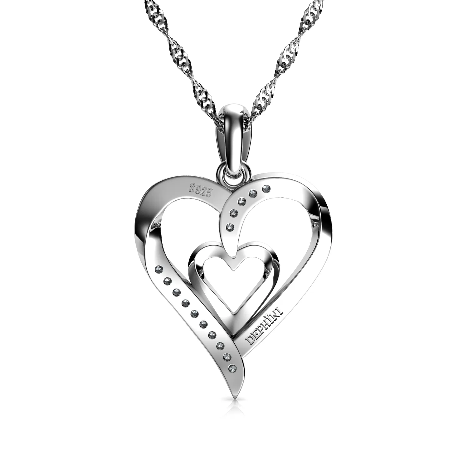 Double Heart Necklace - 925 Sterling Silver Jewellery Pendant Dephini