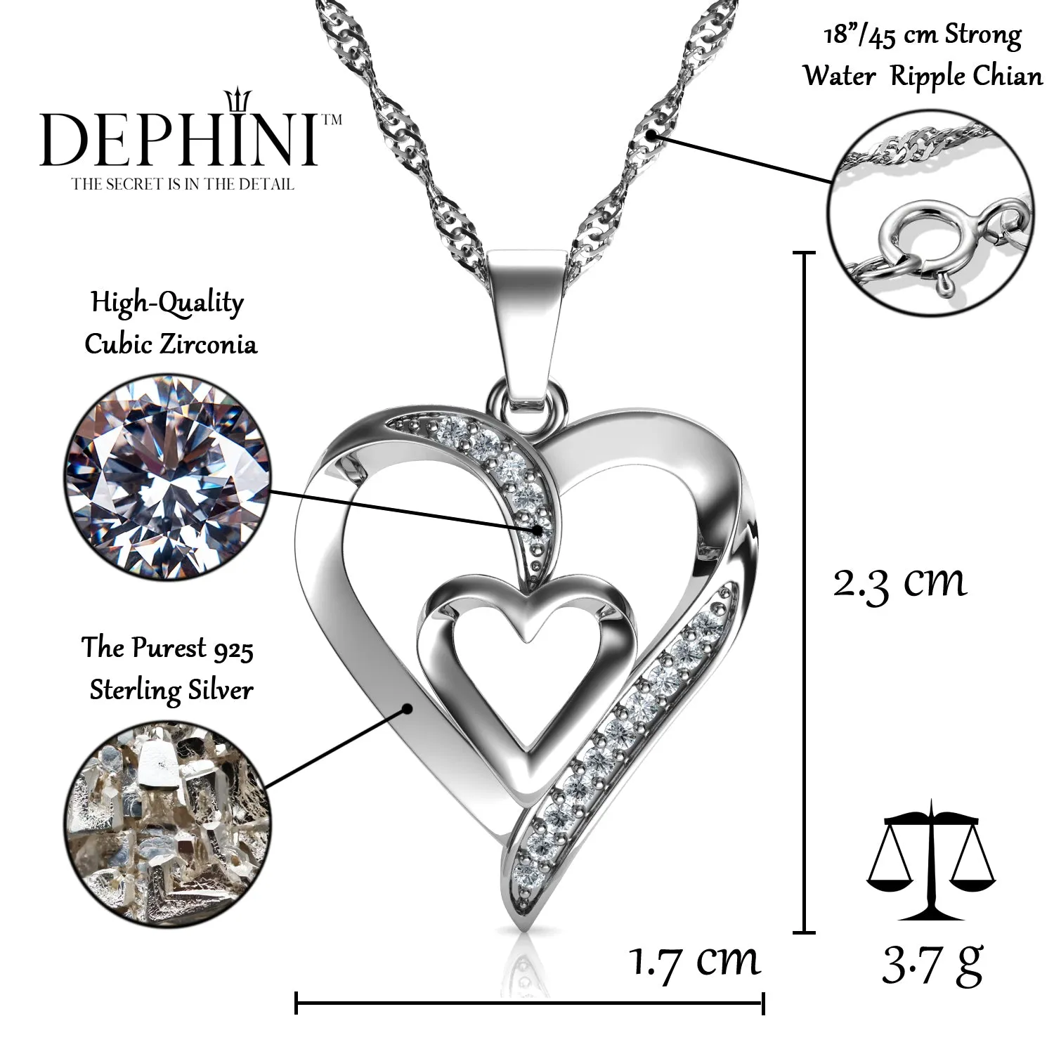 Double Heart Necklace - 925 Sterling Silver Jewellery Pendant Dephini