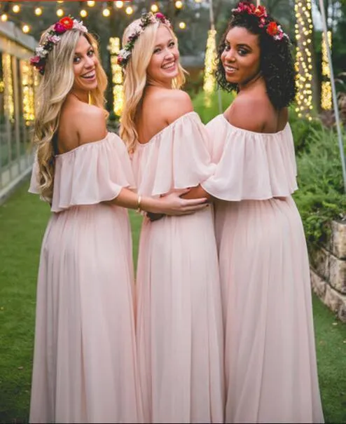 Elegant Off-the-shoulder Pastel Pink Ruffles Long Chiffon A-Line Bridesmaid Dresses