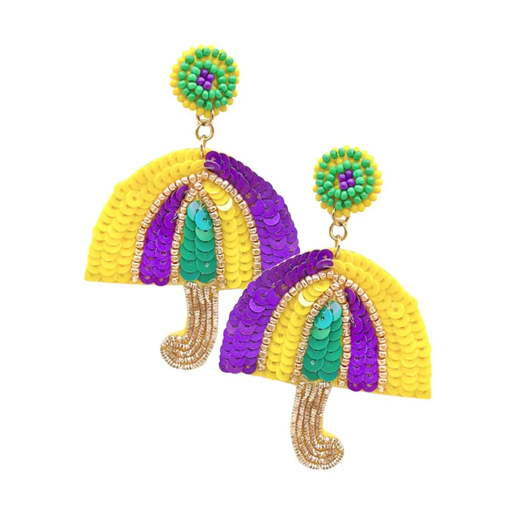 Felt Back Mardi Gras Sequin Umbrella Dangle Earrings