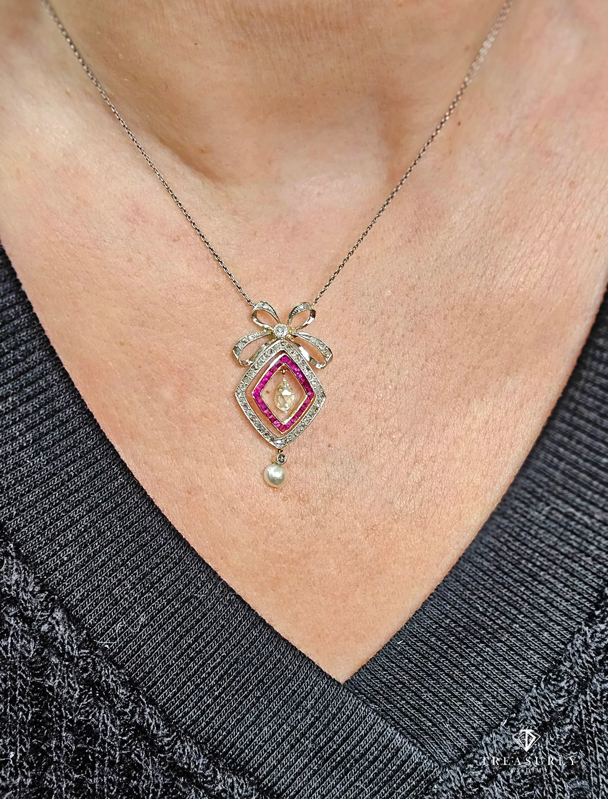 Fine GIA Natural Saltwater Pearl Ruby & Diamond Antique Edwardian Belle poque Bow LAVALIRE Platinum Gold Necklace