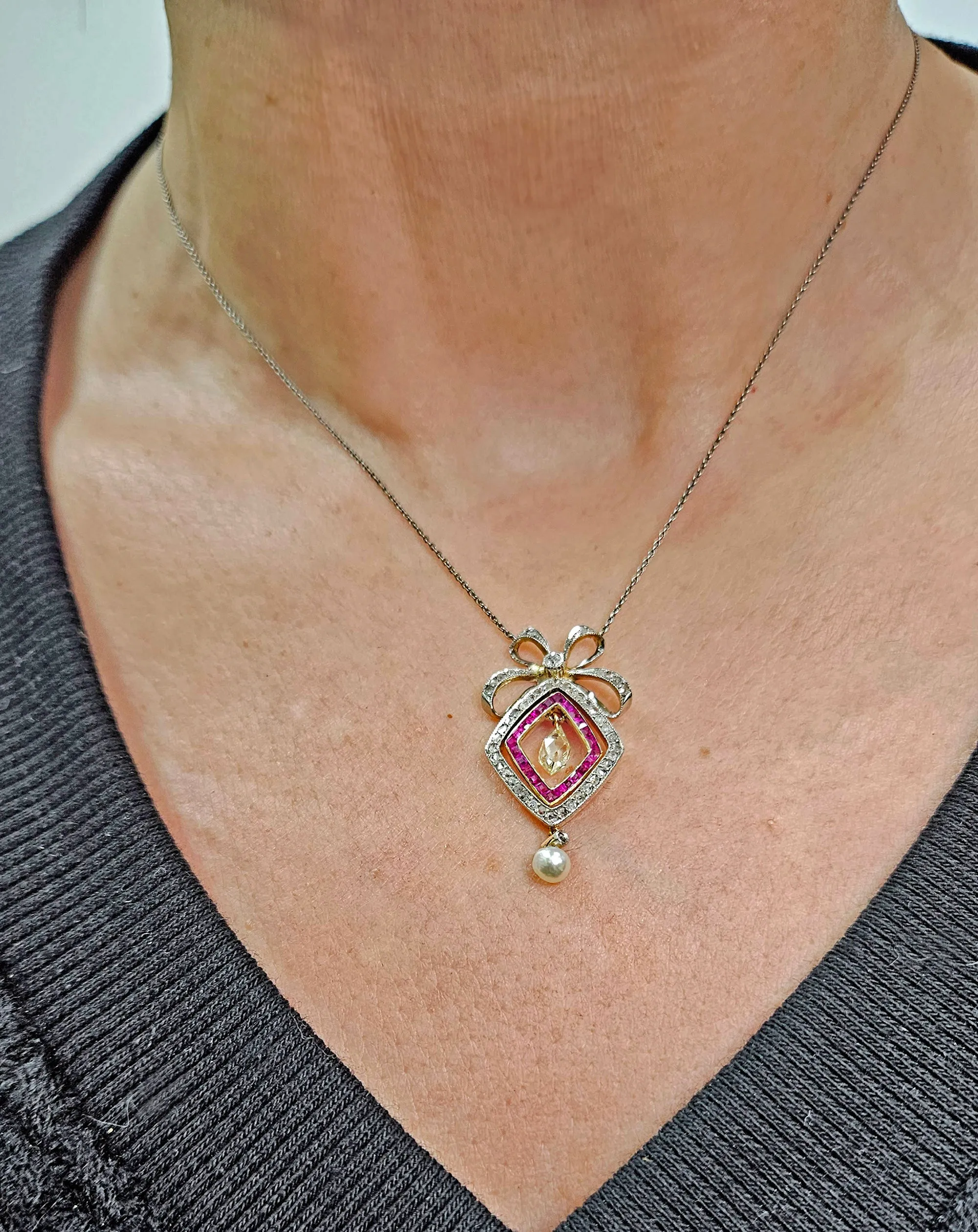 Fine GIA Natural Saltwater Pearl Ruby & Diamond Antique Edwardian Belle poque Bow LAVALIRE Platinum Gold Necklace