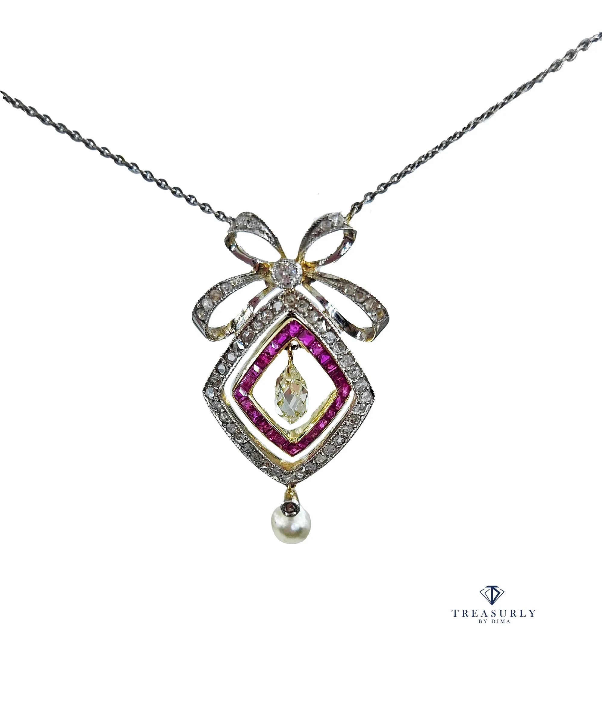 Fine GIA Natural Saltwater Pearl Ruby & Diamond Antique Edwardian Belle poque Bow LAVALIRE Platinum Gold Necklace