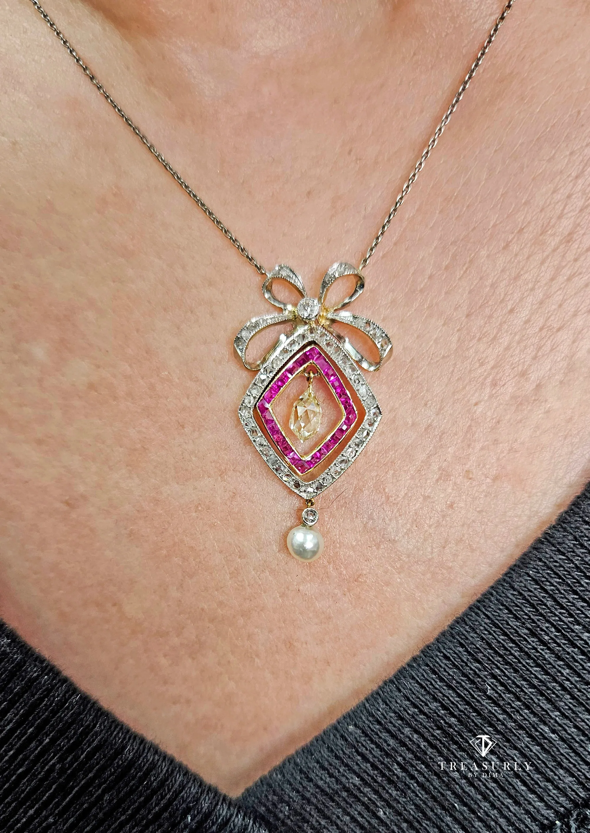 Fine GIA Natural Saltwater Pearl Ruby & Diamond Antique Edwardian Belle poque Bow LAVALIRE Platinum Gold Necklace