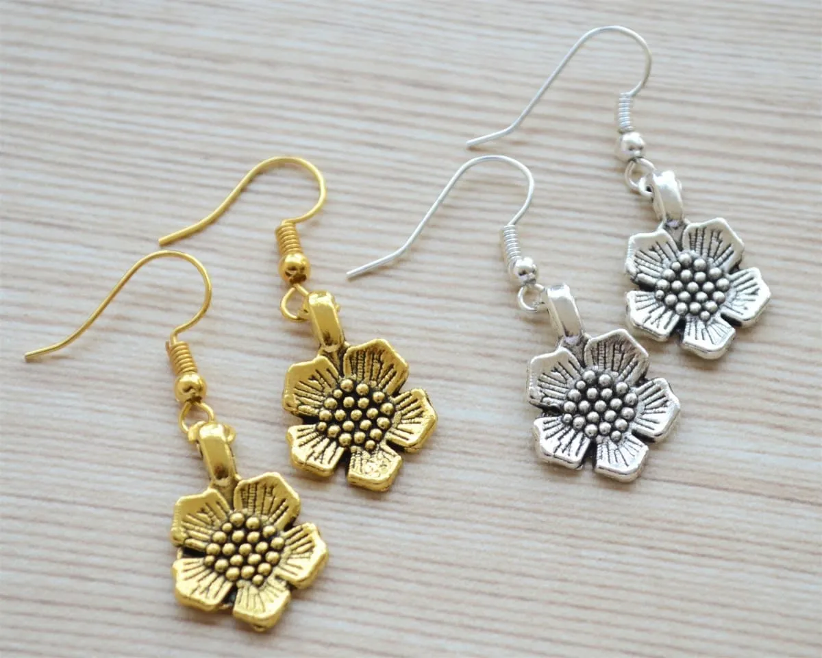 Flower dangle earrings, gold and silver drop earrings gift set, everyday minimalist workwear jewelry