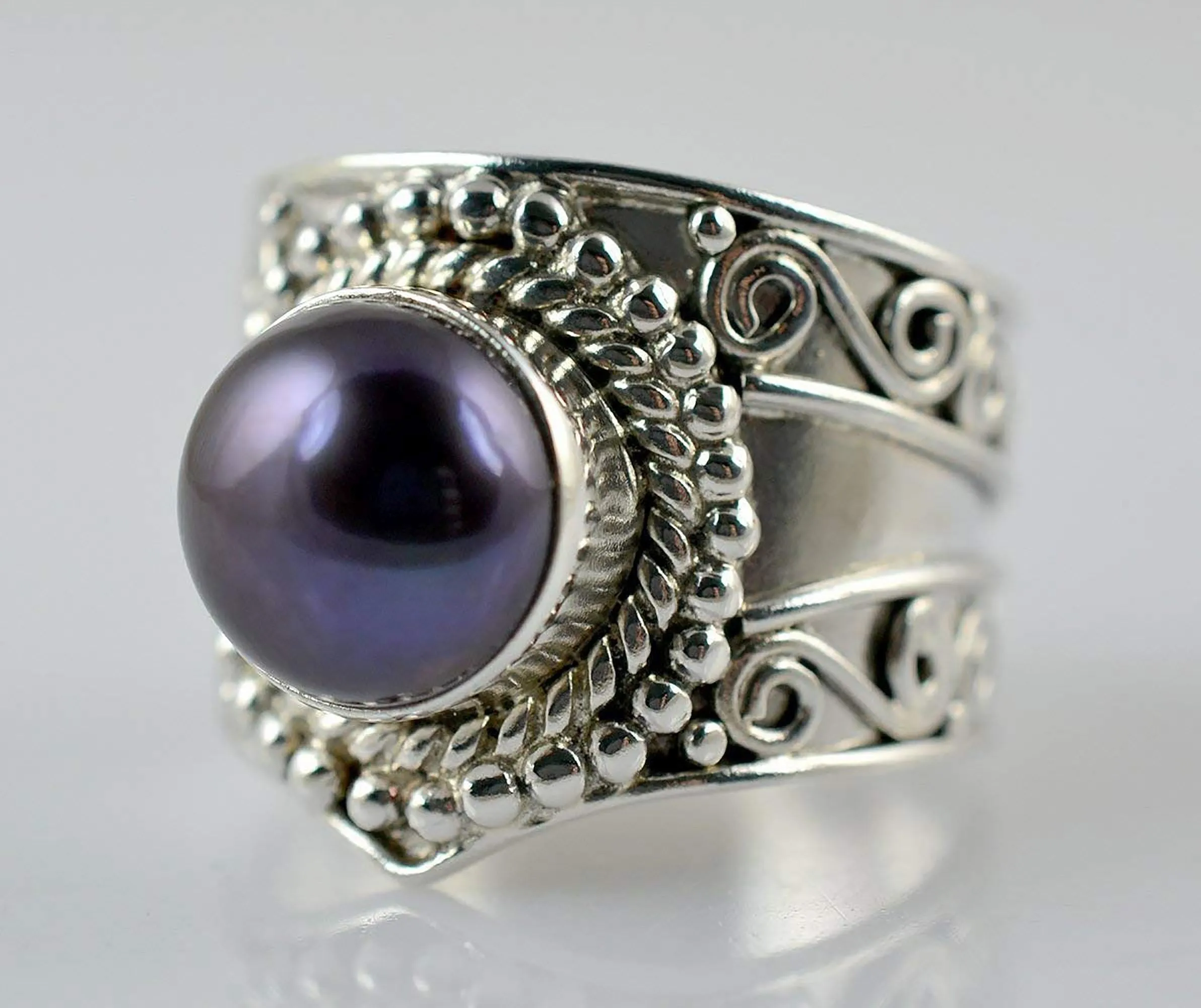 Freshwater Black Pearl Round 925 Solid Sterling Silver Handmade Ring Size 4-13 US