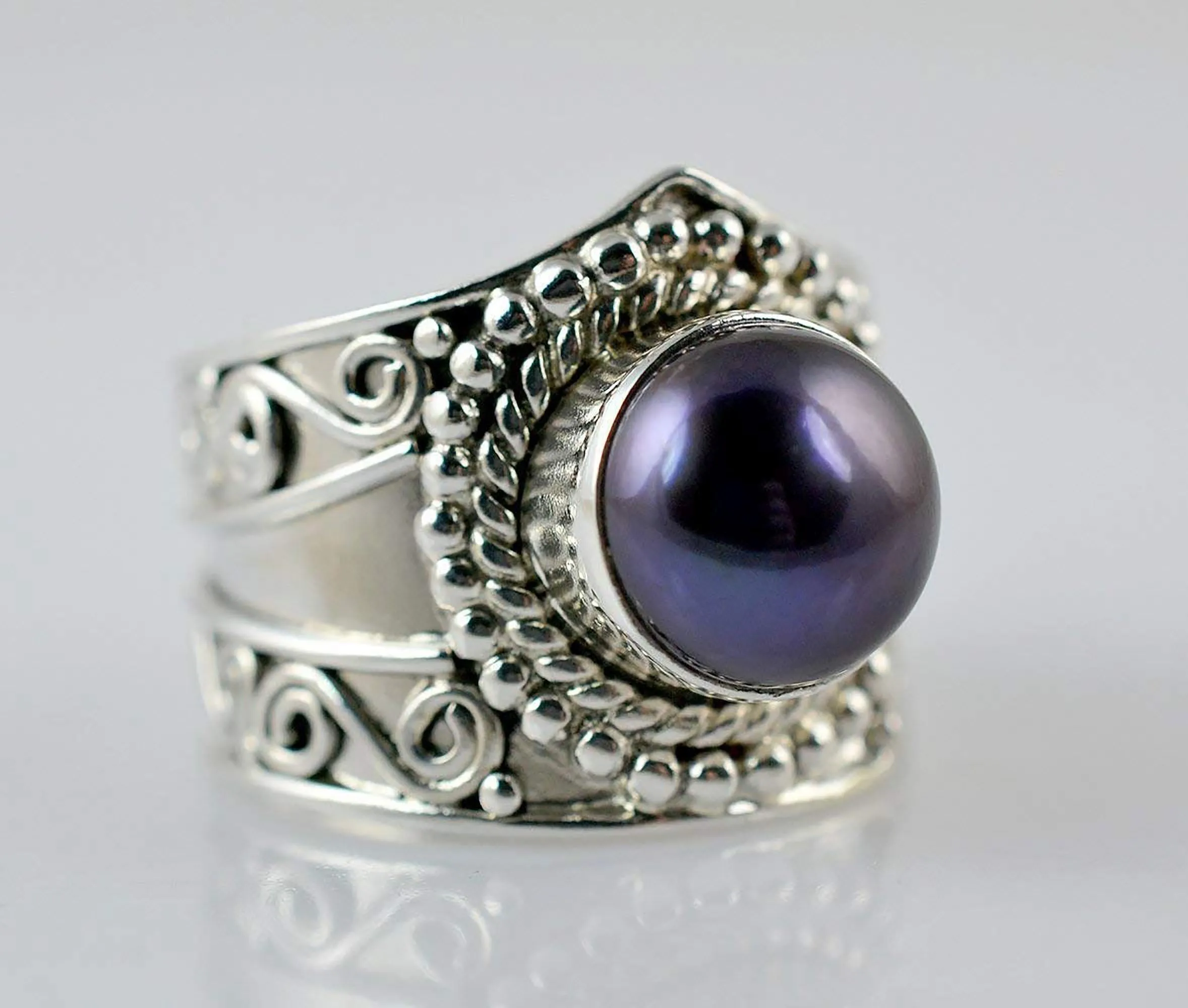 Freshwater Black Pearl Round 925 Solid Sterling Silver Handmade Ring Size 4-13 US