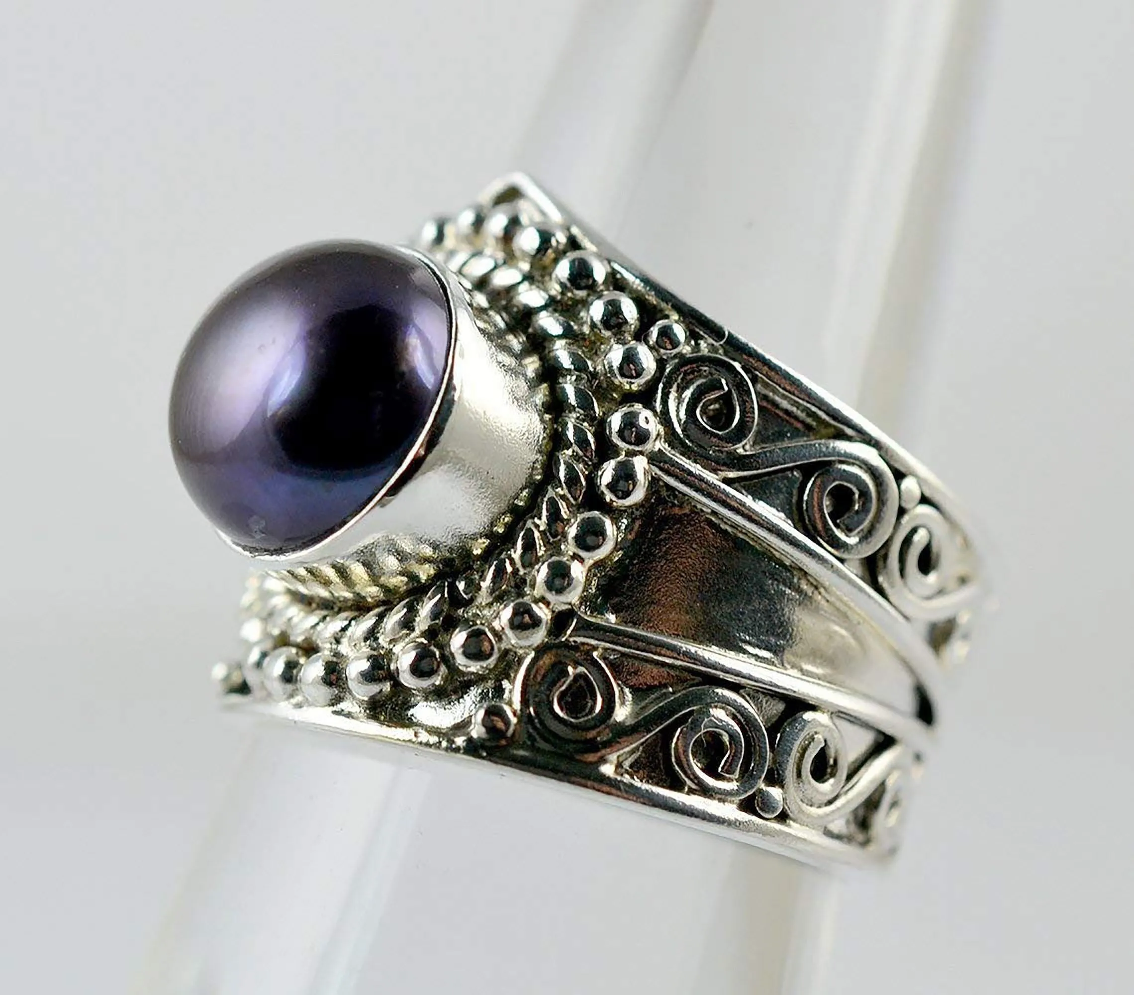 Freshwater Black Pearl Round 925 Solid Sterling Silver Handmade Ring Size 4-13 US