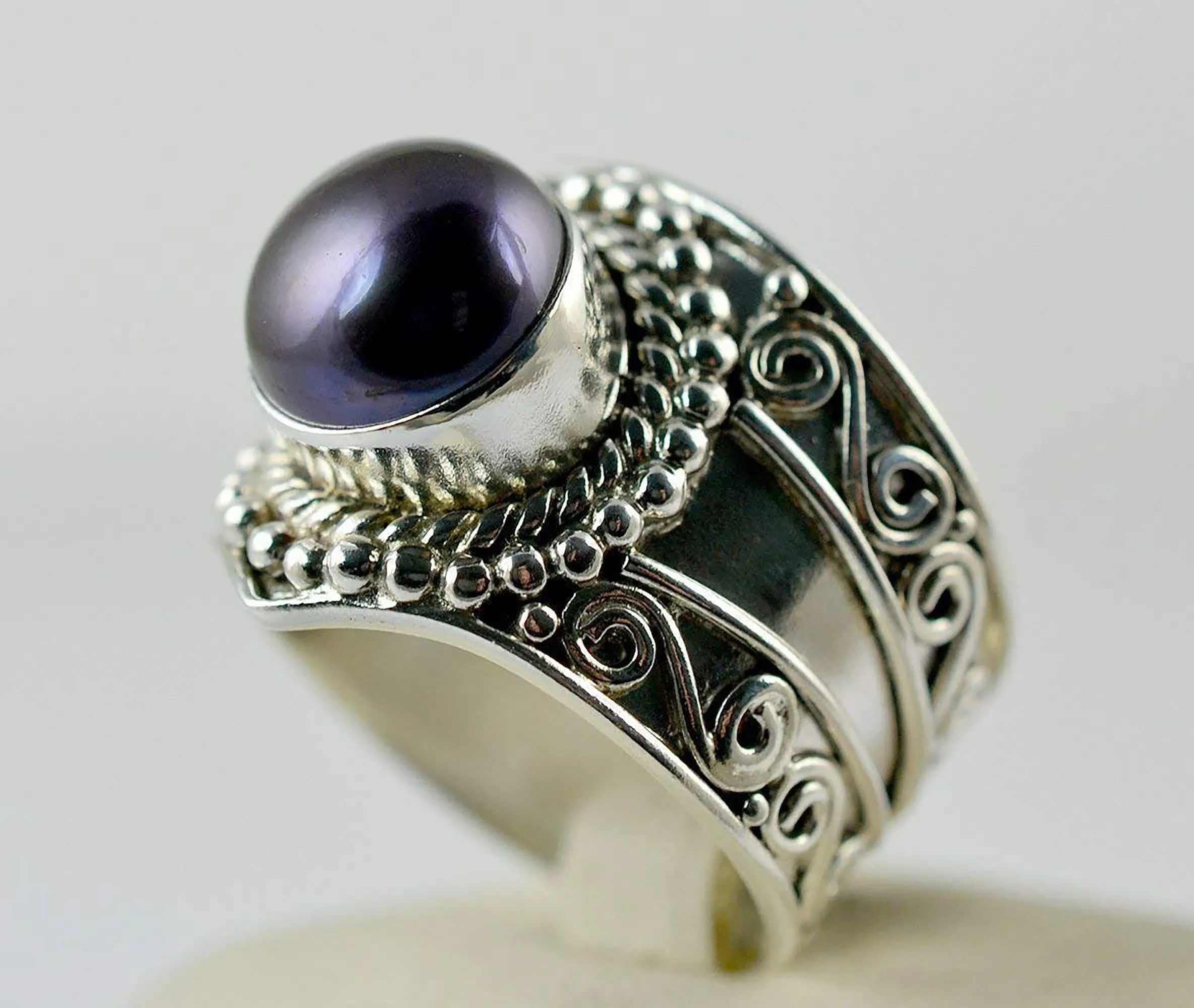 Freshwater Black Pearl Round 925 Solid Sterling Silver Handmade Ring Size 4-13 US