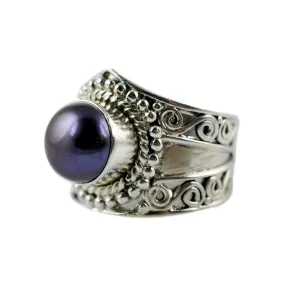 Freshwater Black Pearl Round 925 Solid Sterling Silver Handmade Ring Size 4-13 US