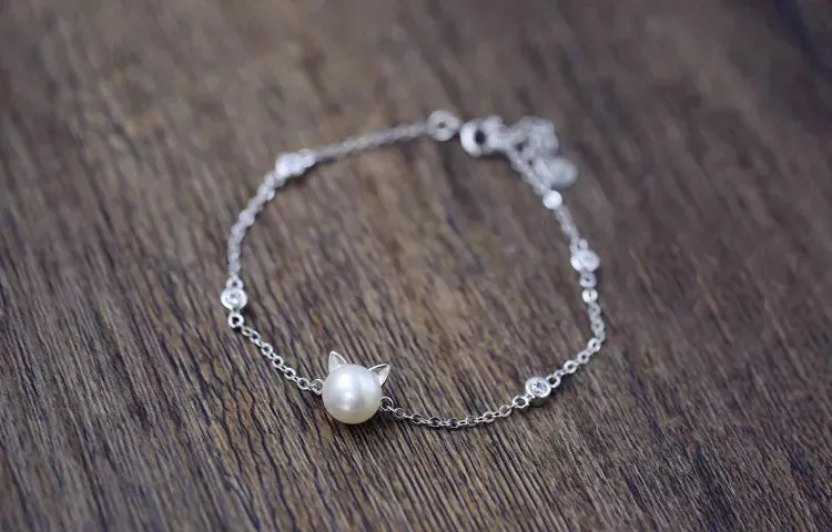 Freshwater Pearl Cat Bracelet in Solid 925 Sterling Silver