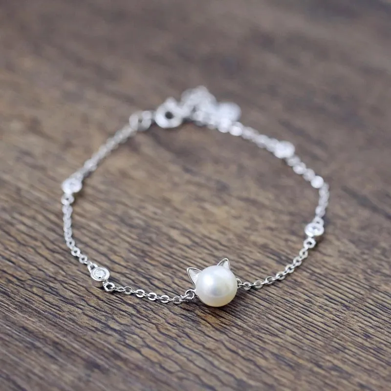 Freshwater Pearl Cat Bracelet in Solid 925 Sterling Silver