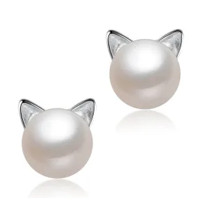 Freshwater Pearl Cat Earrings in Solid 925 Sterling Silver