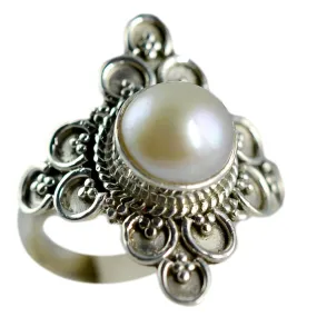 Freshwater Pearl Round 925 Solid Sterling Silver Handmade Ring Size 4-13 US