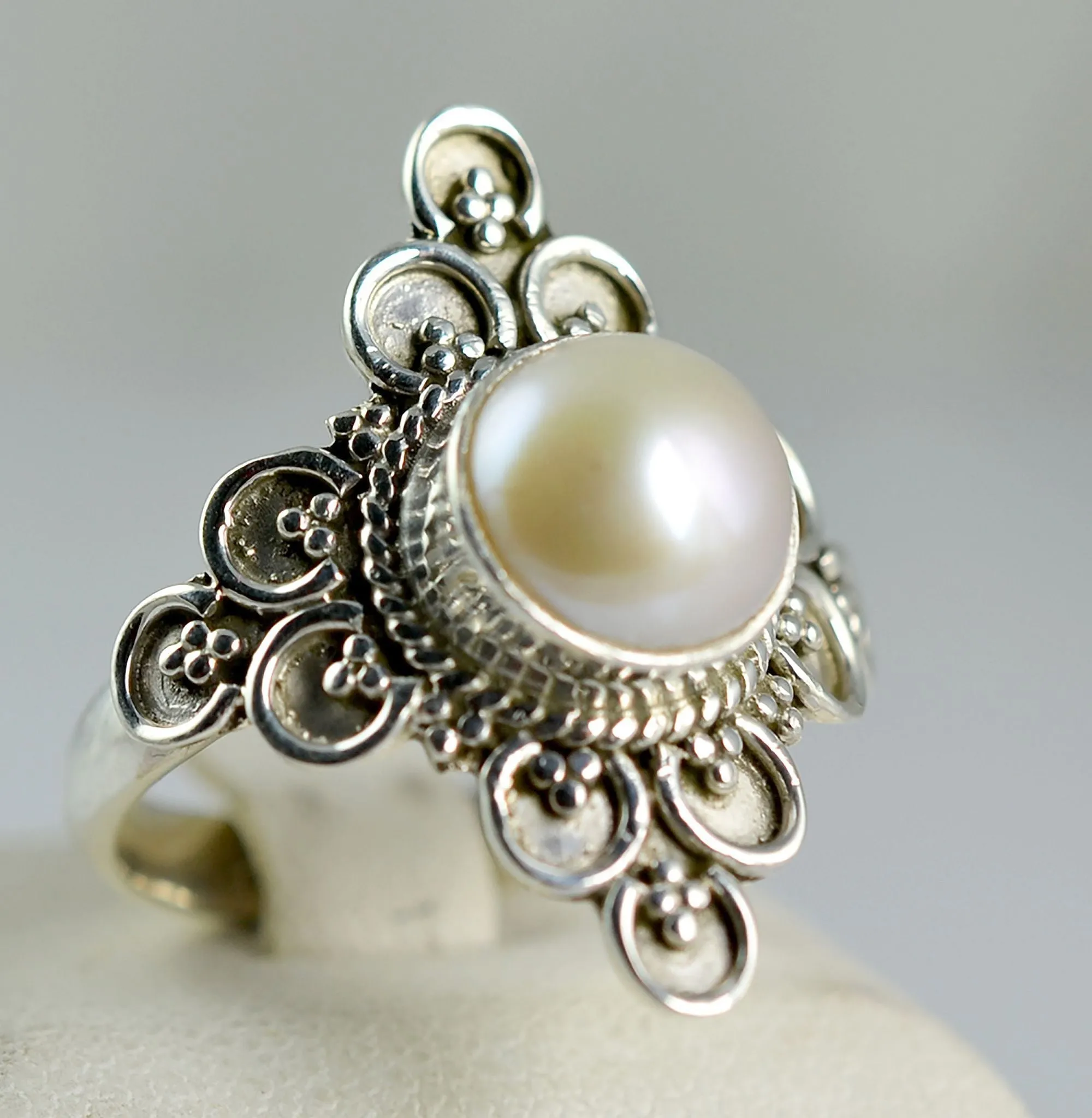 Freshwater Pearl Round 925 Solid Sterling Silver Handmade Ring Size 4-13 US