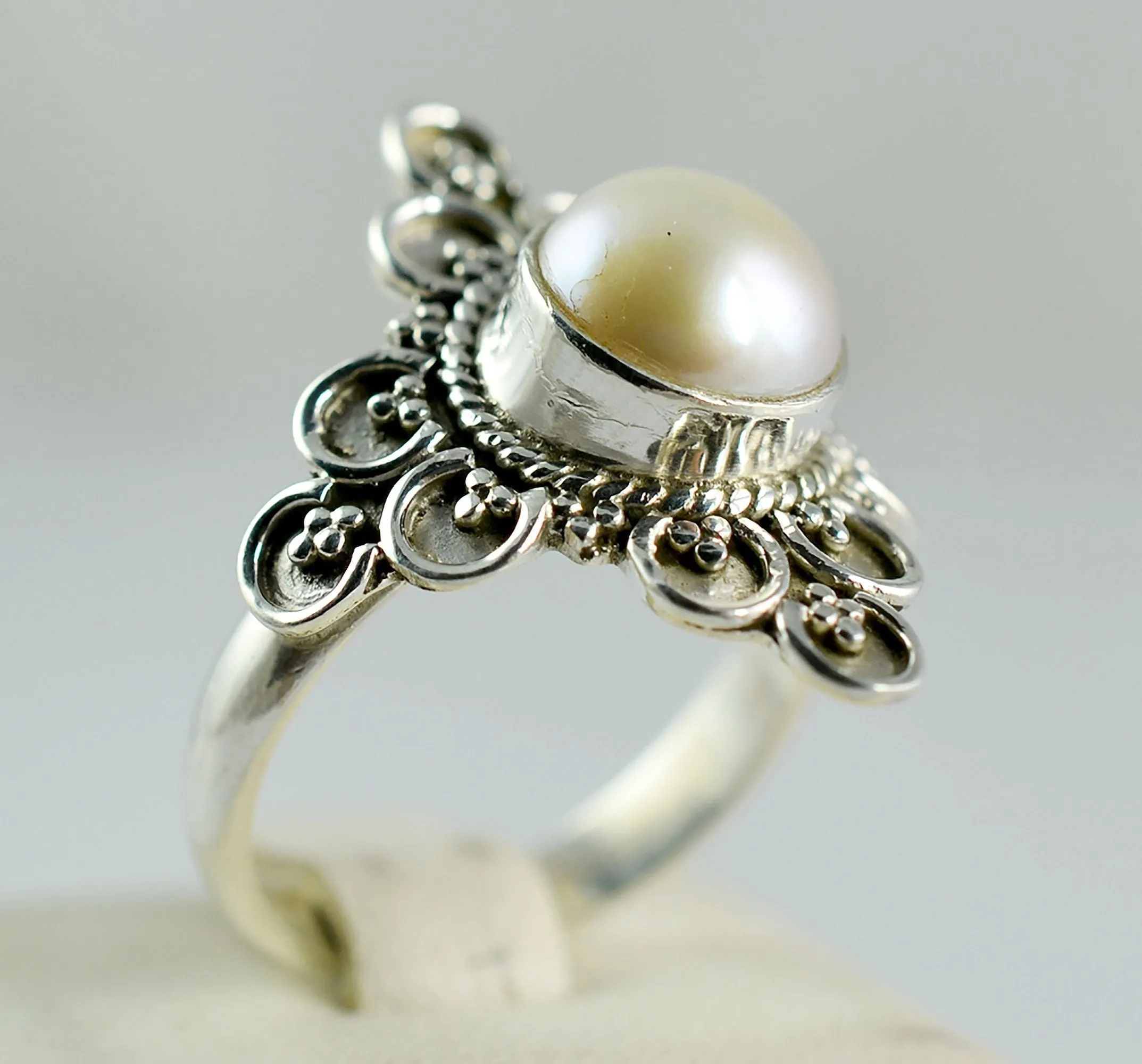 Freshwater Pearl Round 925 Solid Sterling Silver Handmade Ring Size 4-13 US