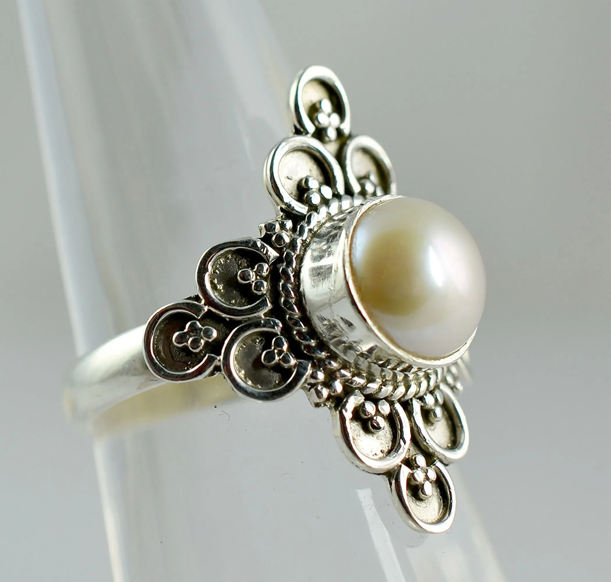 Freshwater Pearl Round 925 Solid Sterling Silver Handmade Ring Size 4-13 US