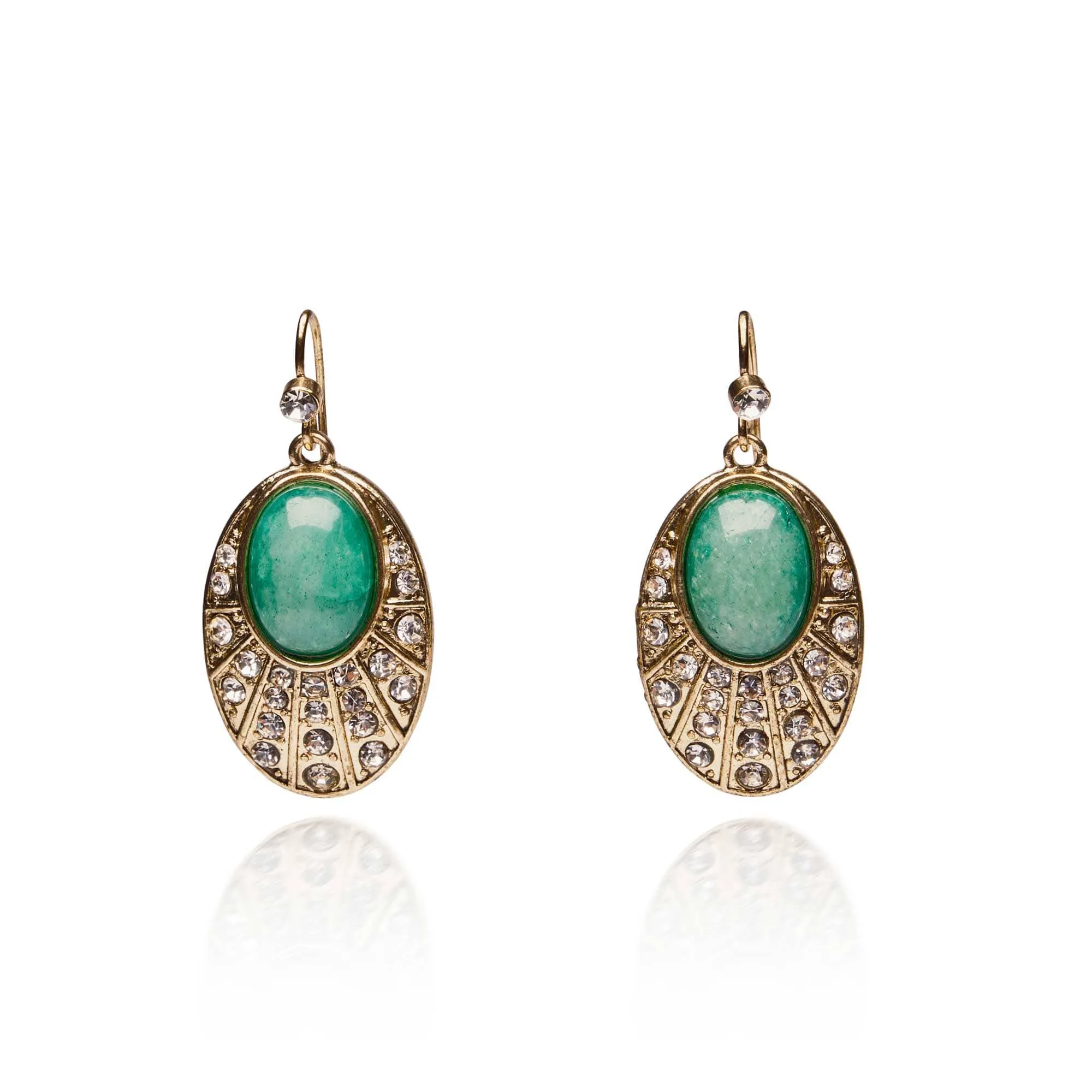 Green Agate Oval Stone Drop Earrings: 20s Style Earrings