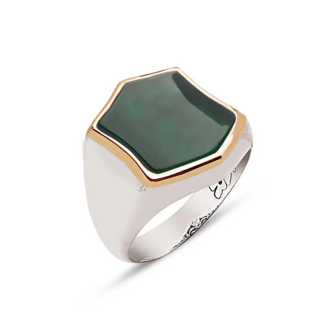 Green Agate Stone Hexagon Silver Men’s Ring