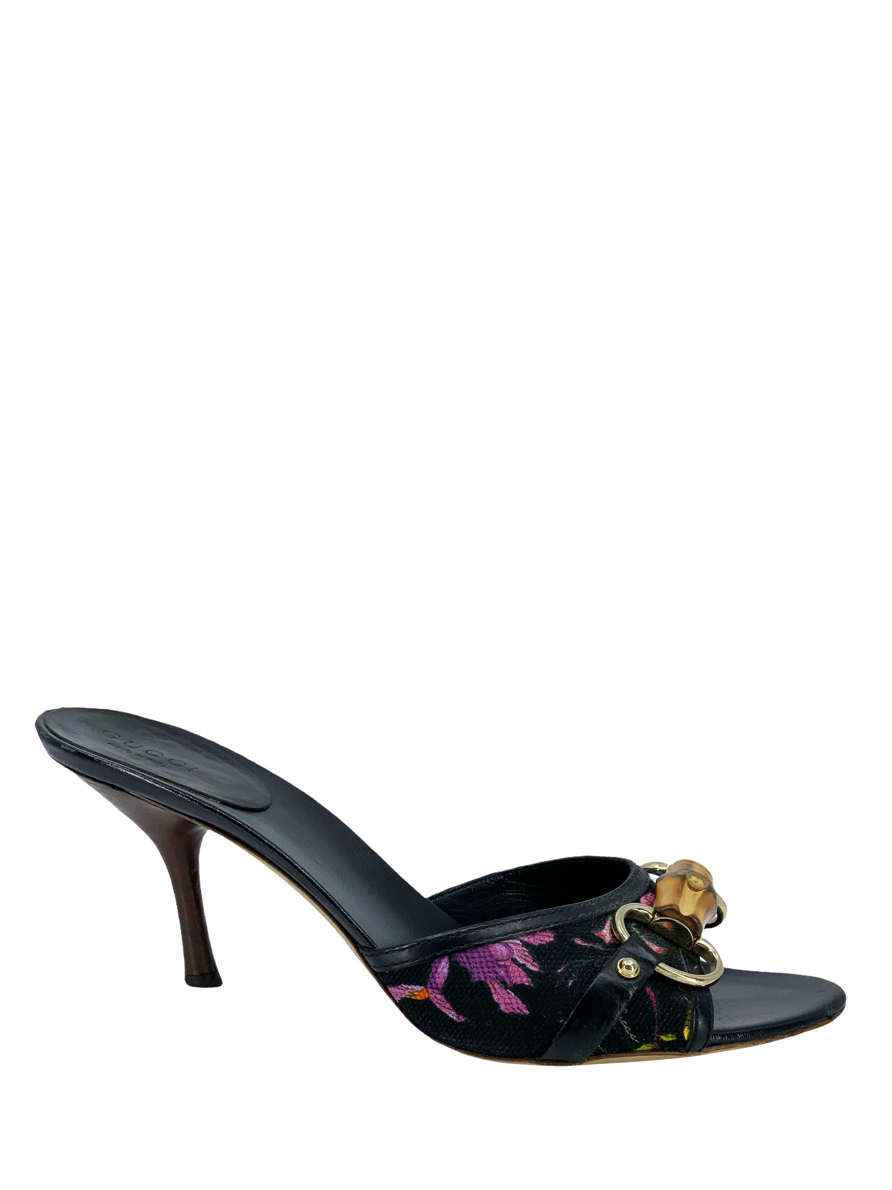 Gucci Canvas Floral Bamboo Horsebit Sandals Size 7