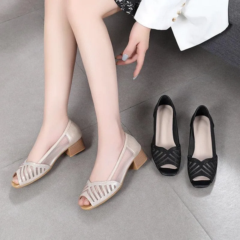 GX354 Women's Casual Shoes: Hollow Mesh Sandals with Square Heels Pumps