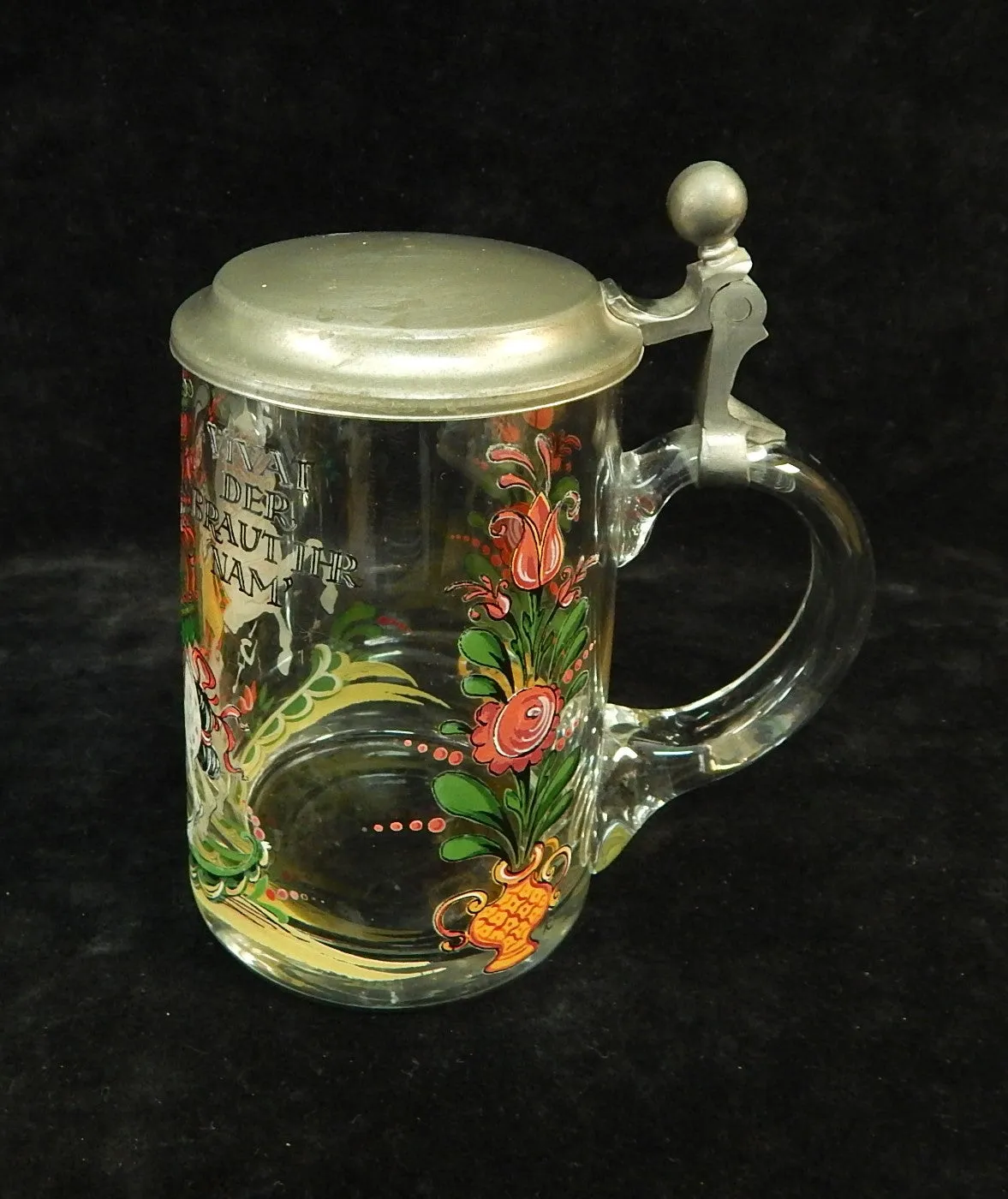 Hand Painted German Glass Mug - Very Good Vintage Condition