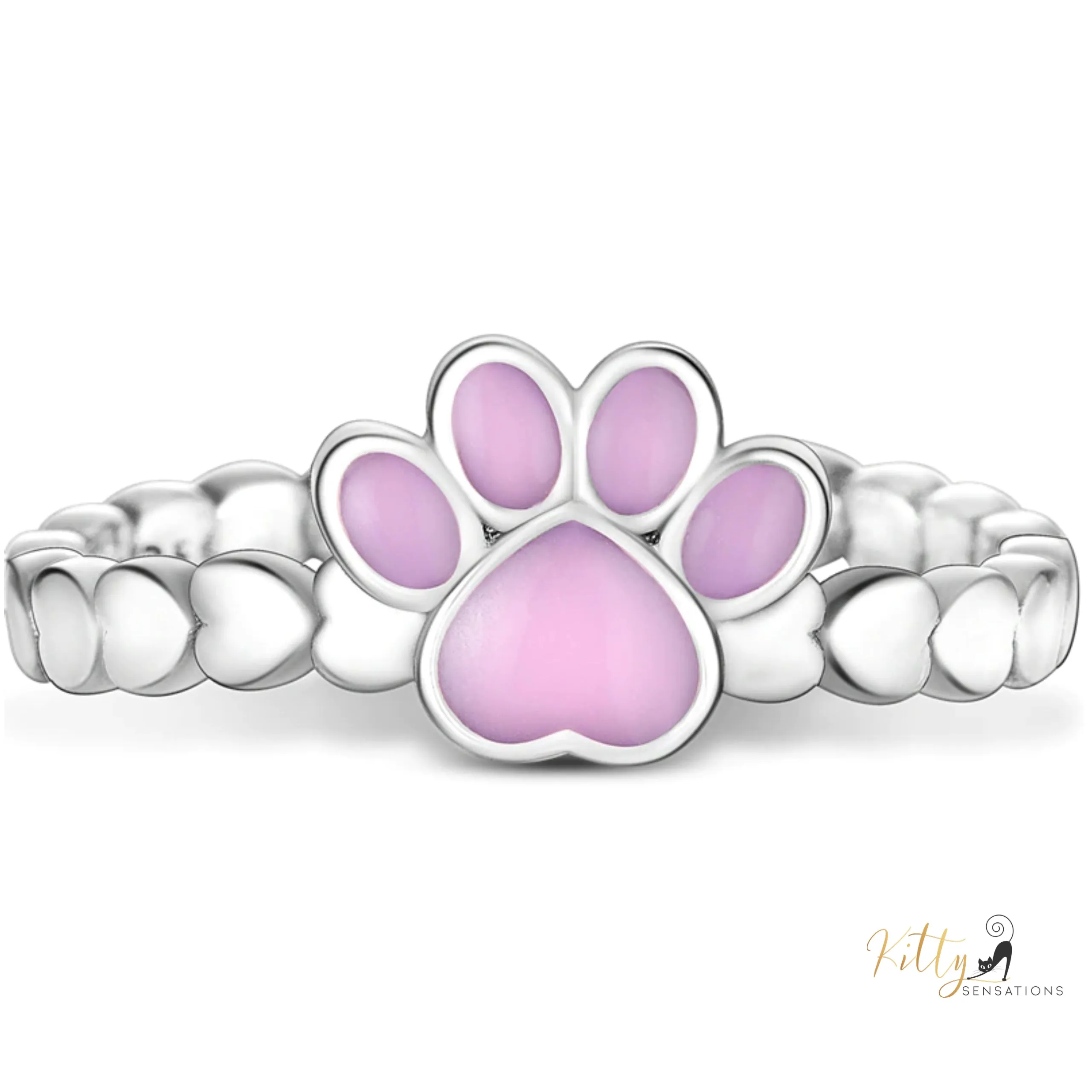 Heart Band Enameled Kitty Paw Ring in Solid 925 Sterling Silver - Adjustable Size