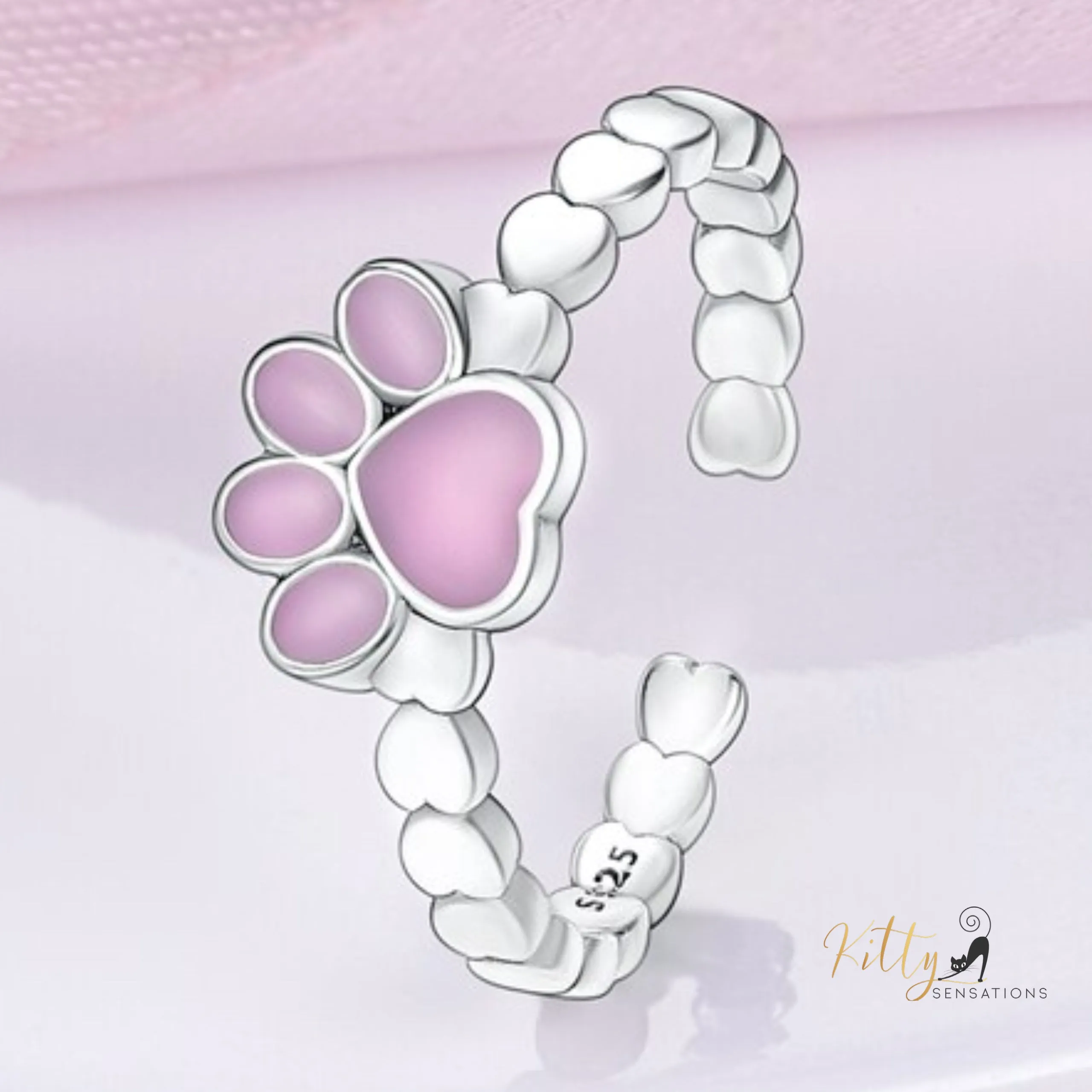 Heart Band Enameled Kitty Paw Ring in Solid 925 Sterling Silver - Adjustable Size