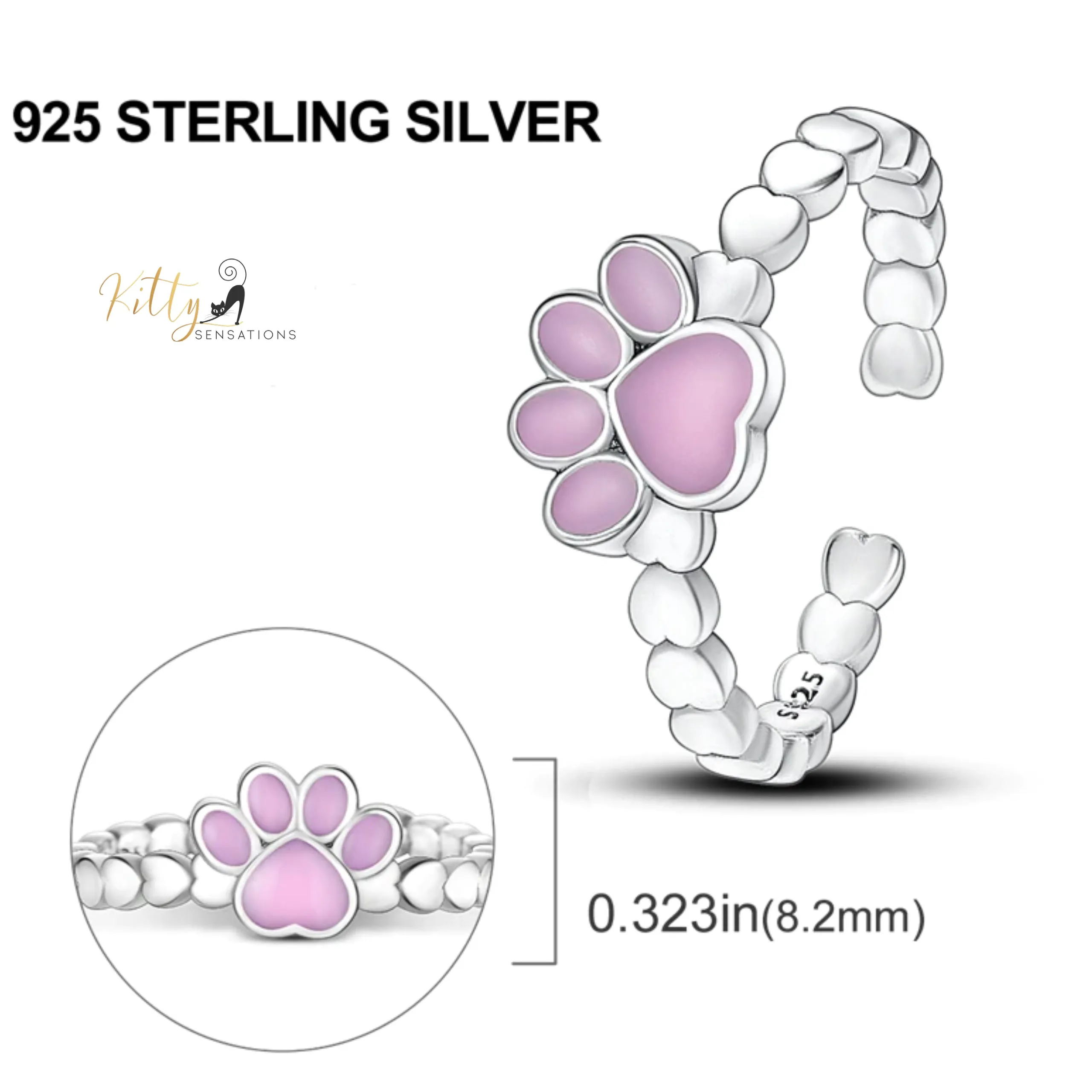 Heart Band Enameled Kitty Paw Ring in Solid 925 Sterling Silver - Adjustable Size