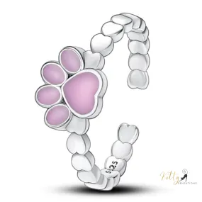 Heart Band Enameled Kitty Paw Ring in Solid 925 Sterling Silver - Adjustable Size