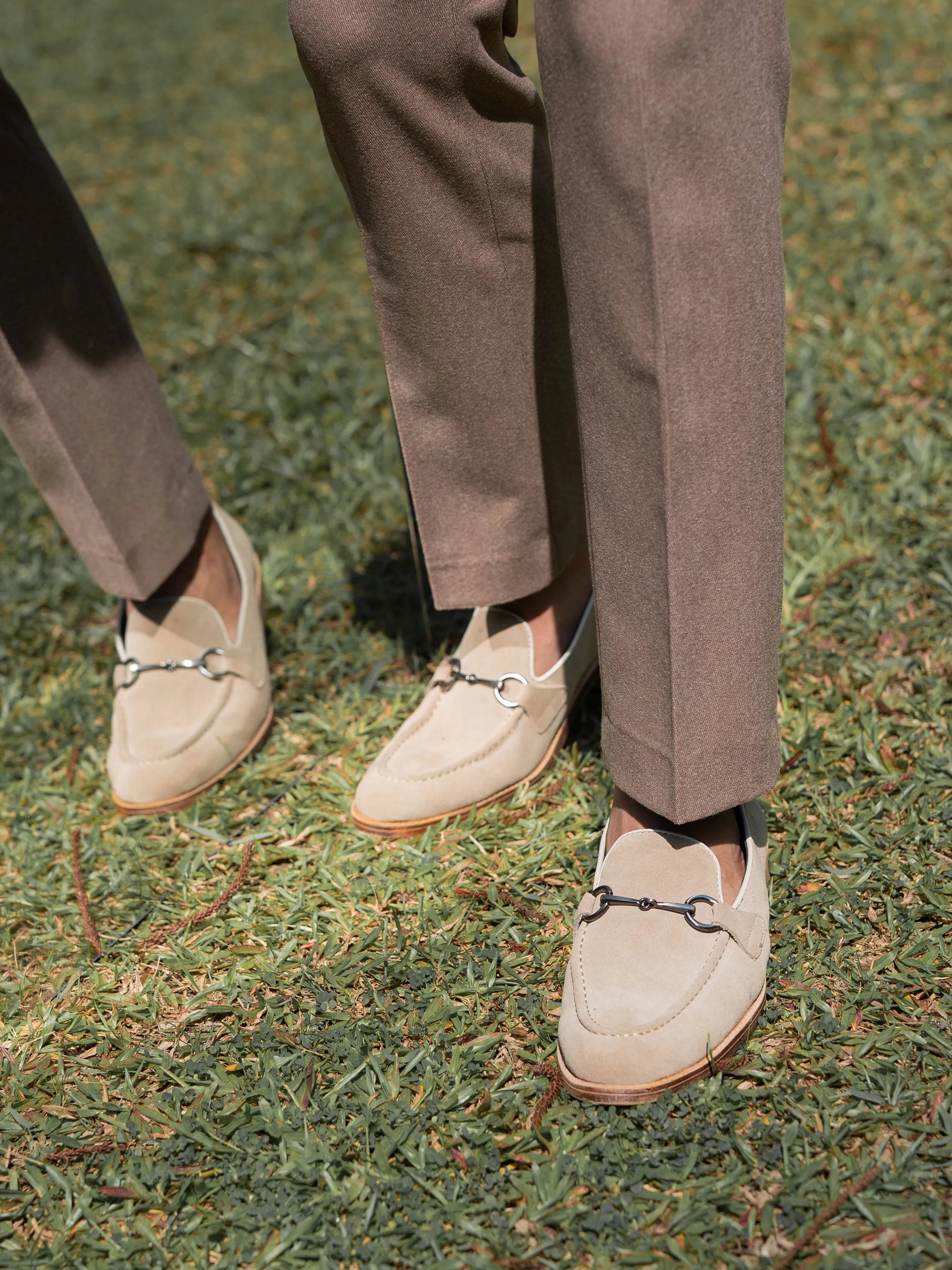 Horsebit Buckle Loafer - Beige Suede Leather (Flexi-Sole)