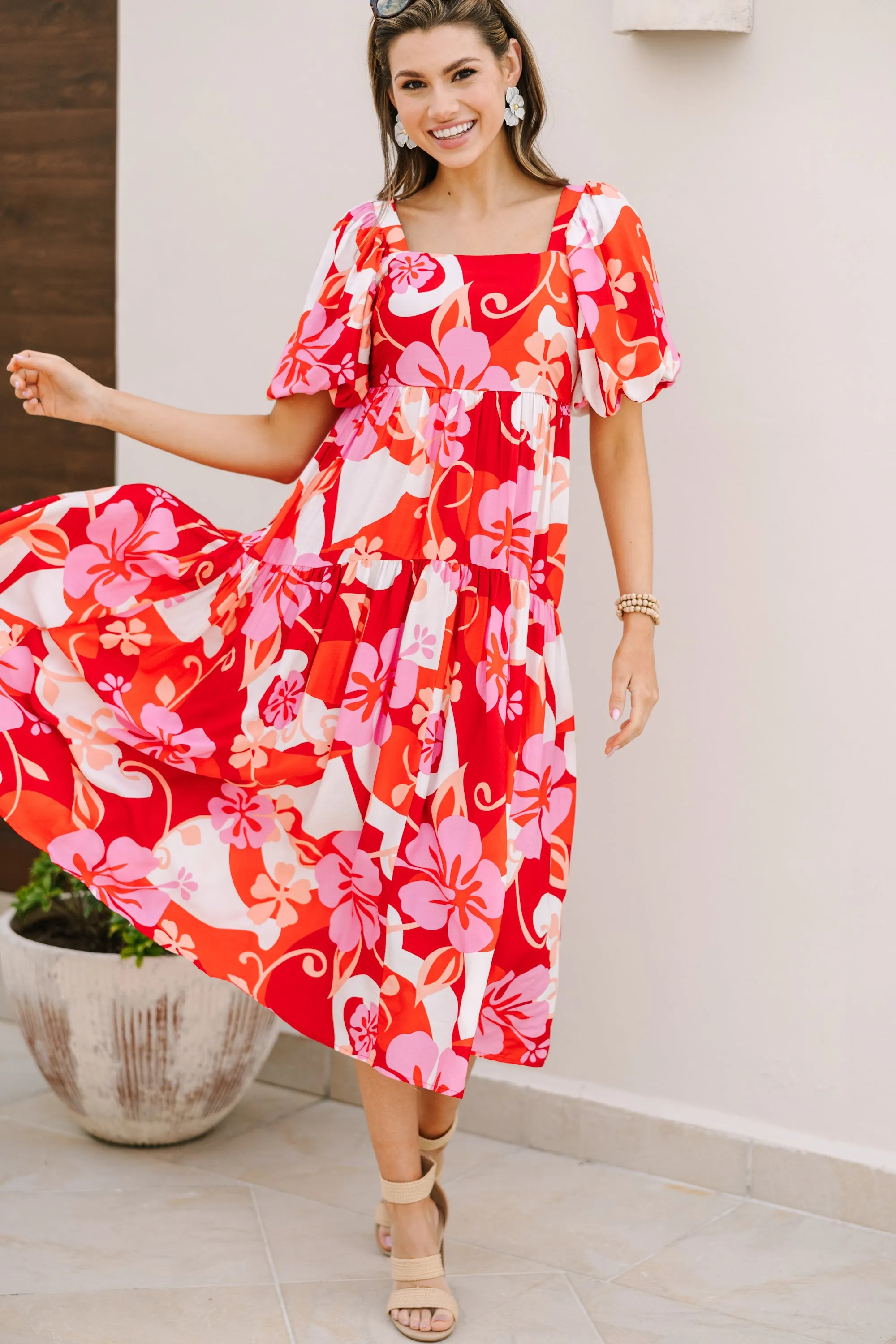 It's All For You Red Floral Midi Dress