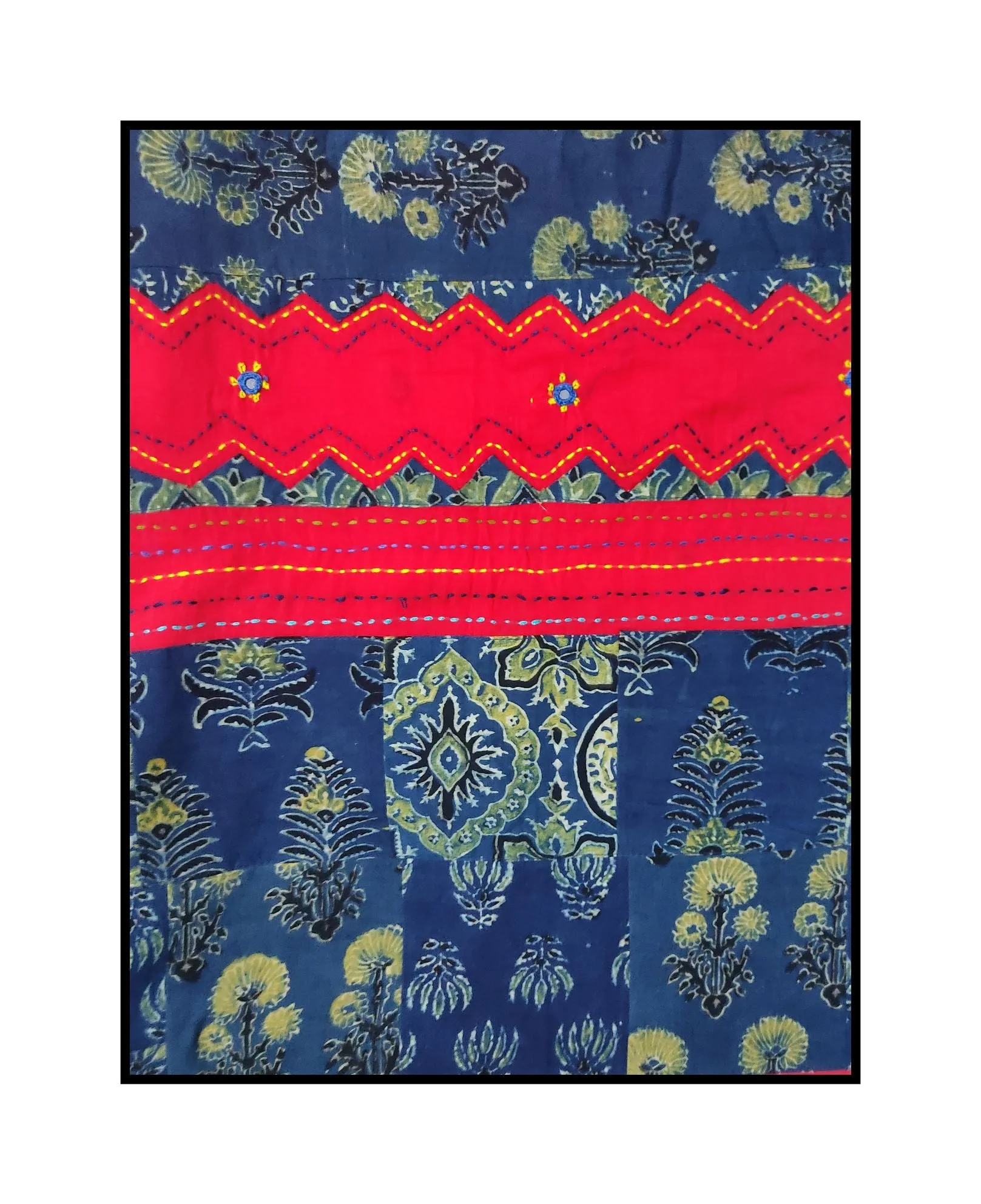 Jharokha -  Blue and Red Ajrakh handblockprinted patchwork Gudri Barmer saree