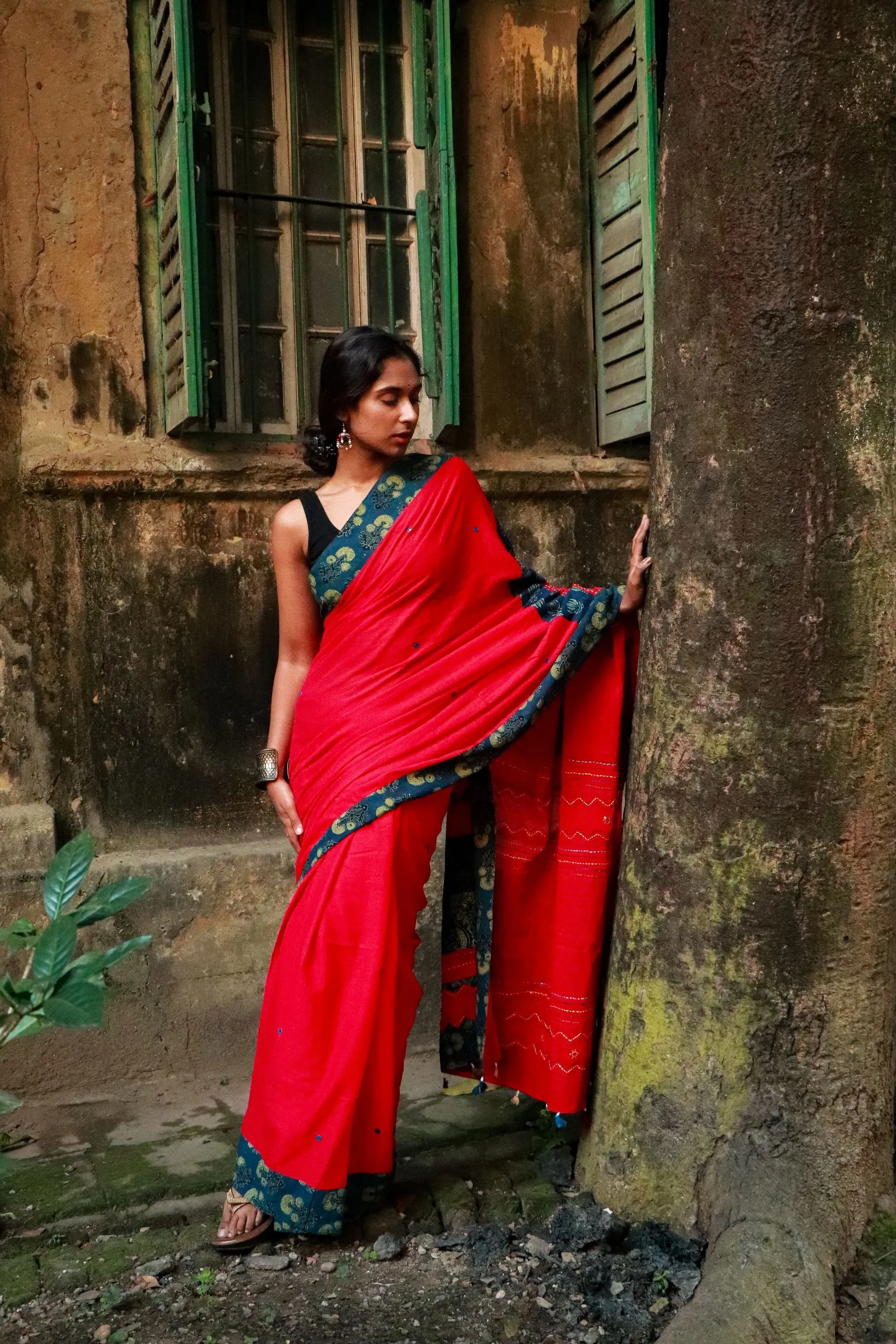 Jharokha -  Blue and Red Ajrakh handblockprinted patchwork Gudri Barmer saree