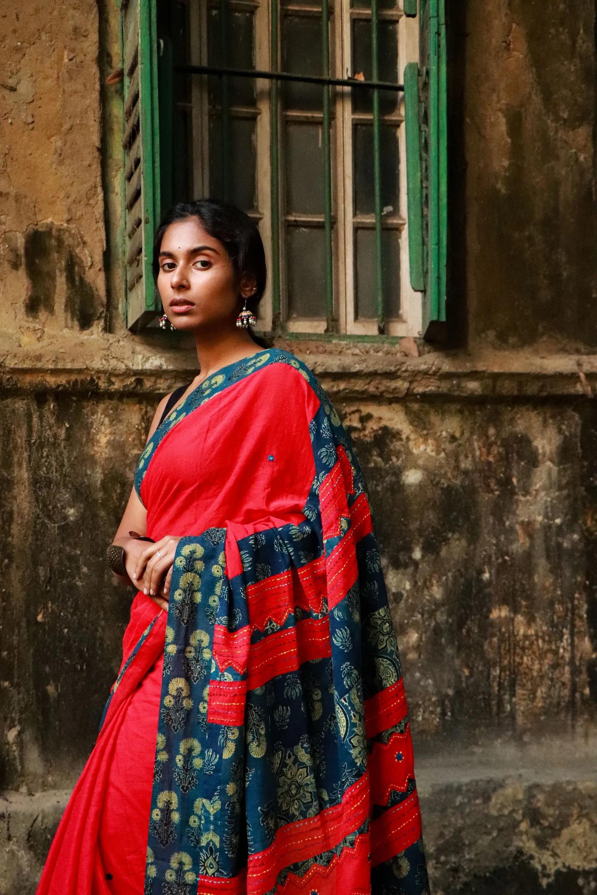 Jharokha -  Blue and Red Ajrakh handblockprinted patchwork Gudri Barmer saree