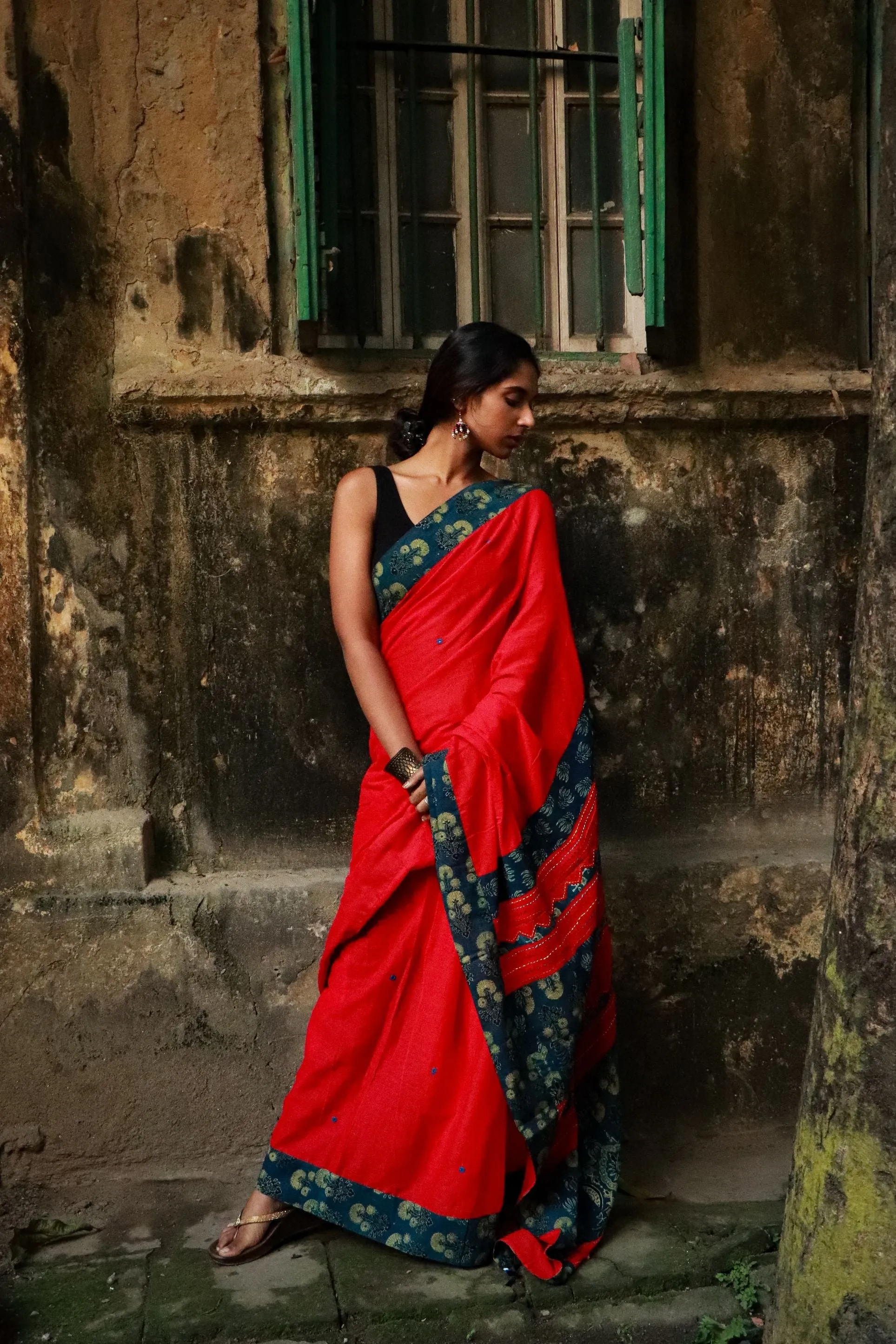 Jharokha -  Blue and Red Ajrakh handblockprinted patchwork Gudri Barmer saree