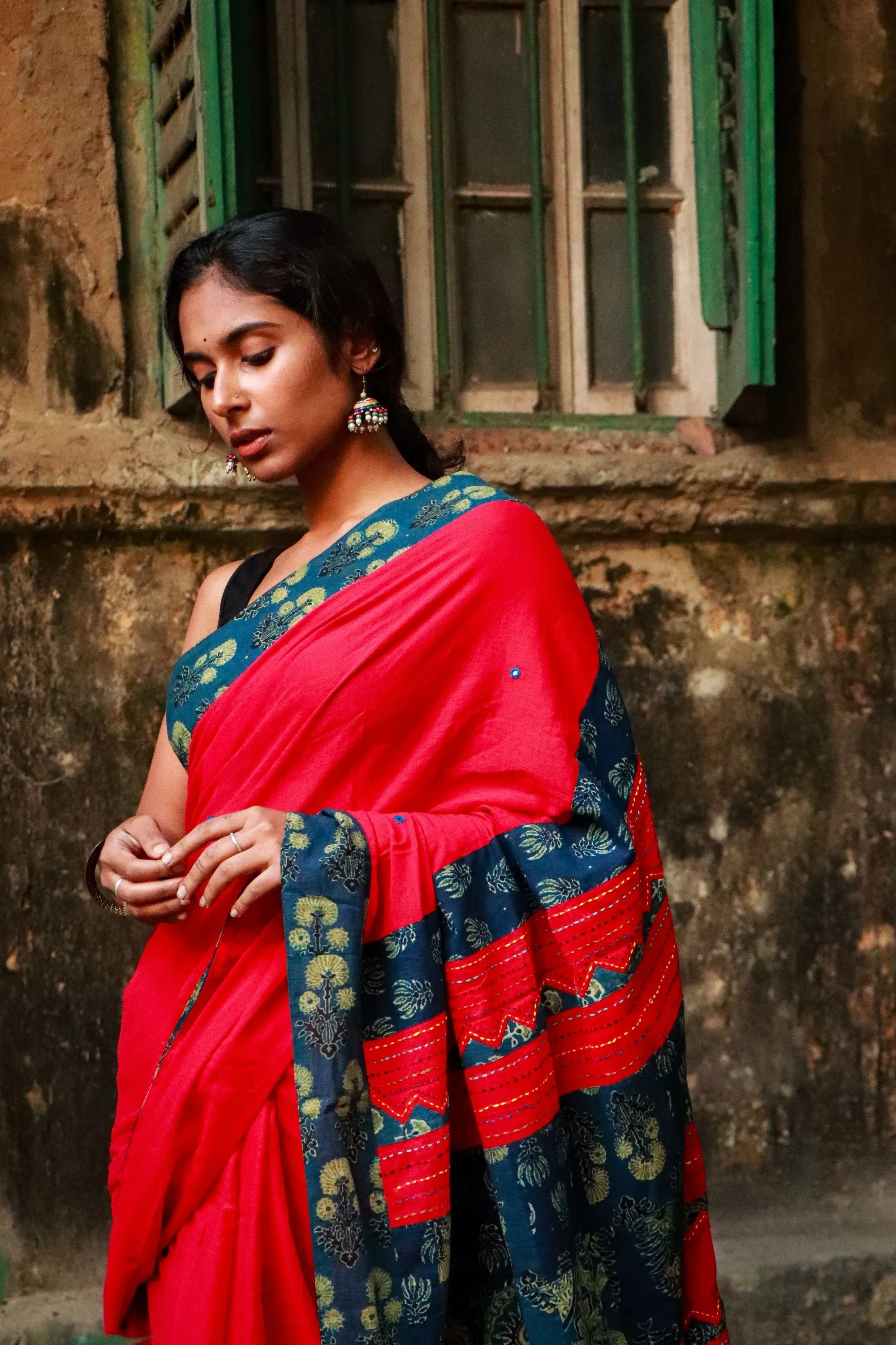 Jharokha -  Blue and Red Ajrakh handblockprinted patchwork Gudri Barmer saree