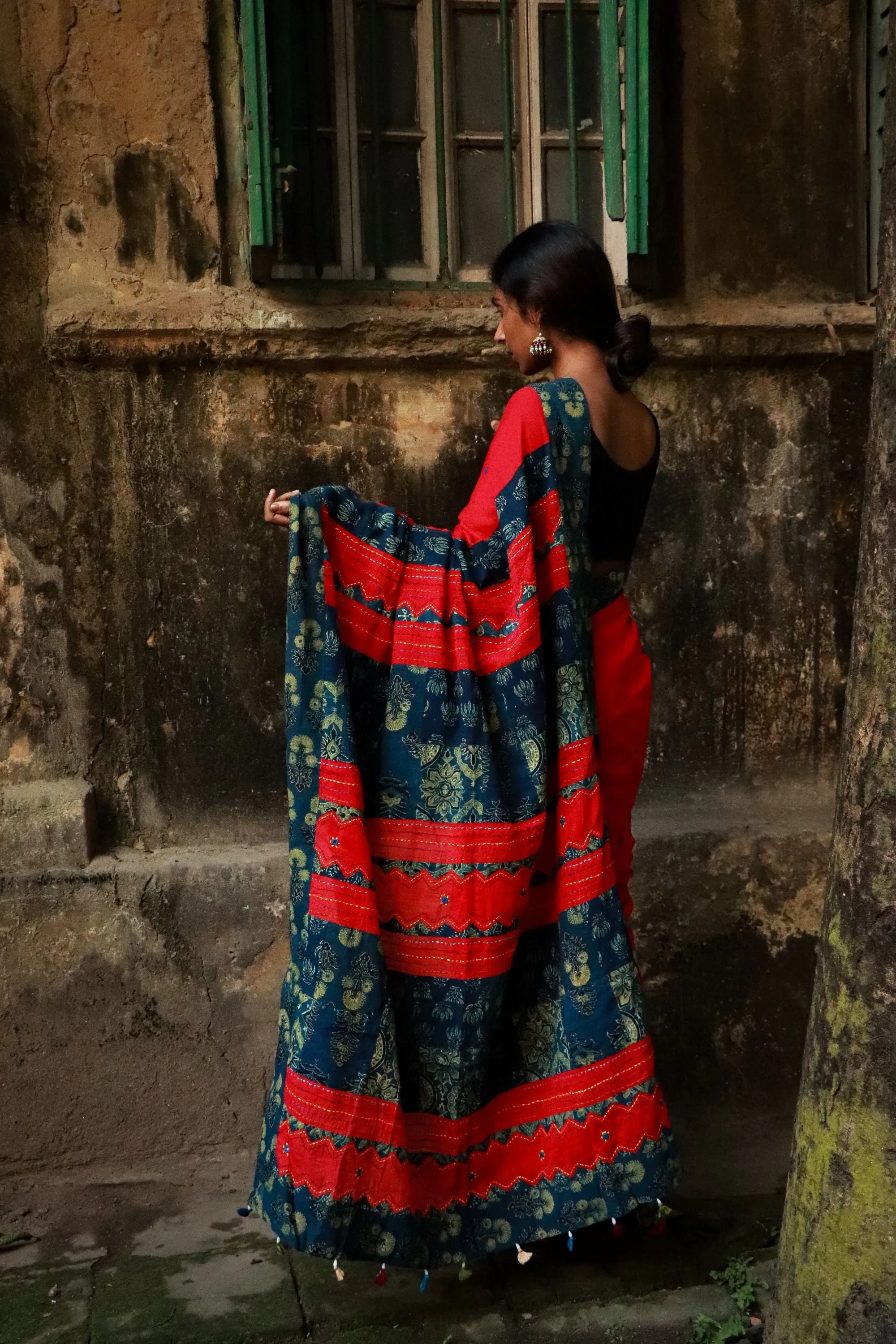 Jharokha -  Blue and Red Ajrakh handblockprinted patchwork Gudri Barmer saree