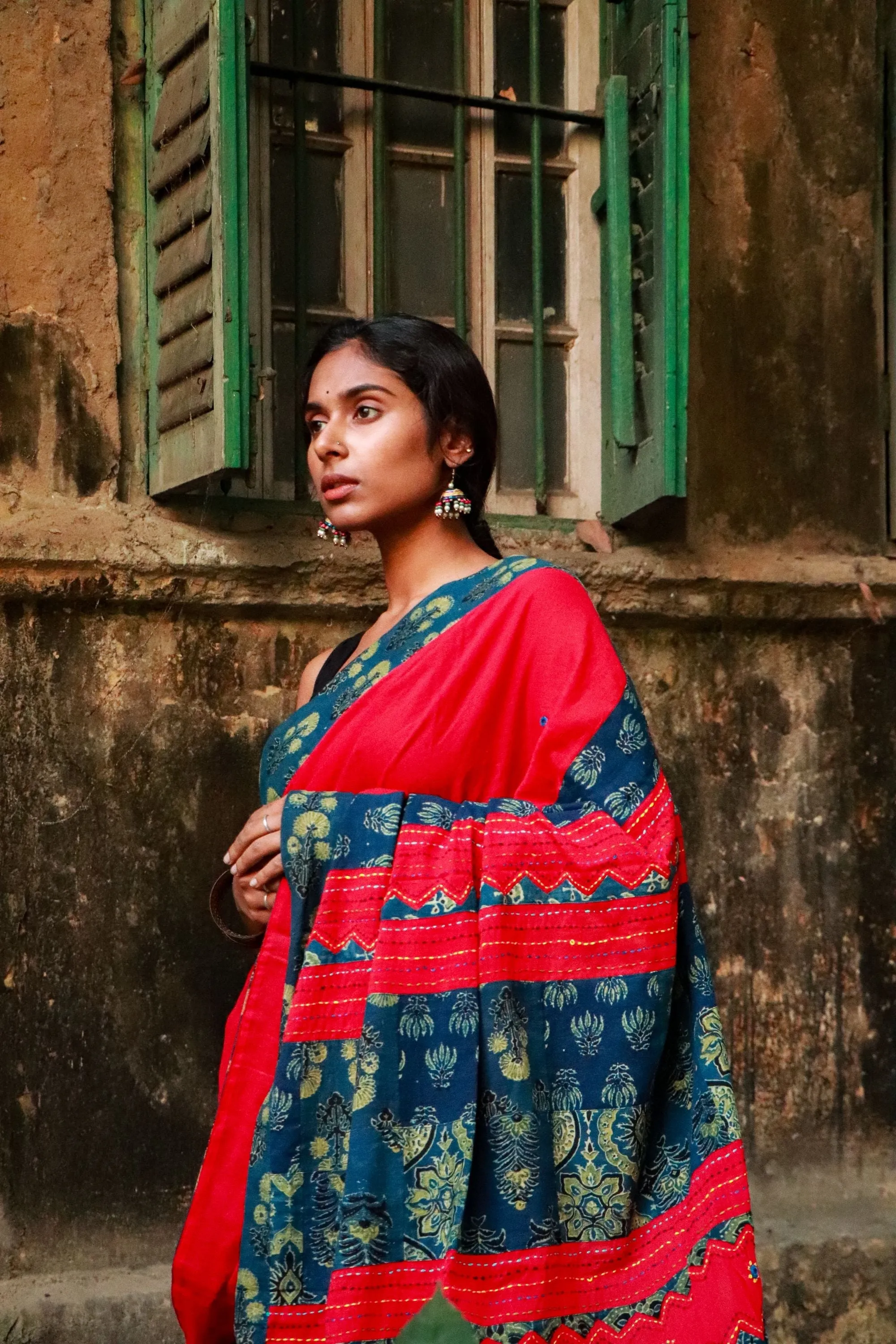 Jharokha -  Blue and Red Ajrakh handblockprinted patchwork Gudri Barmer saree