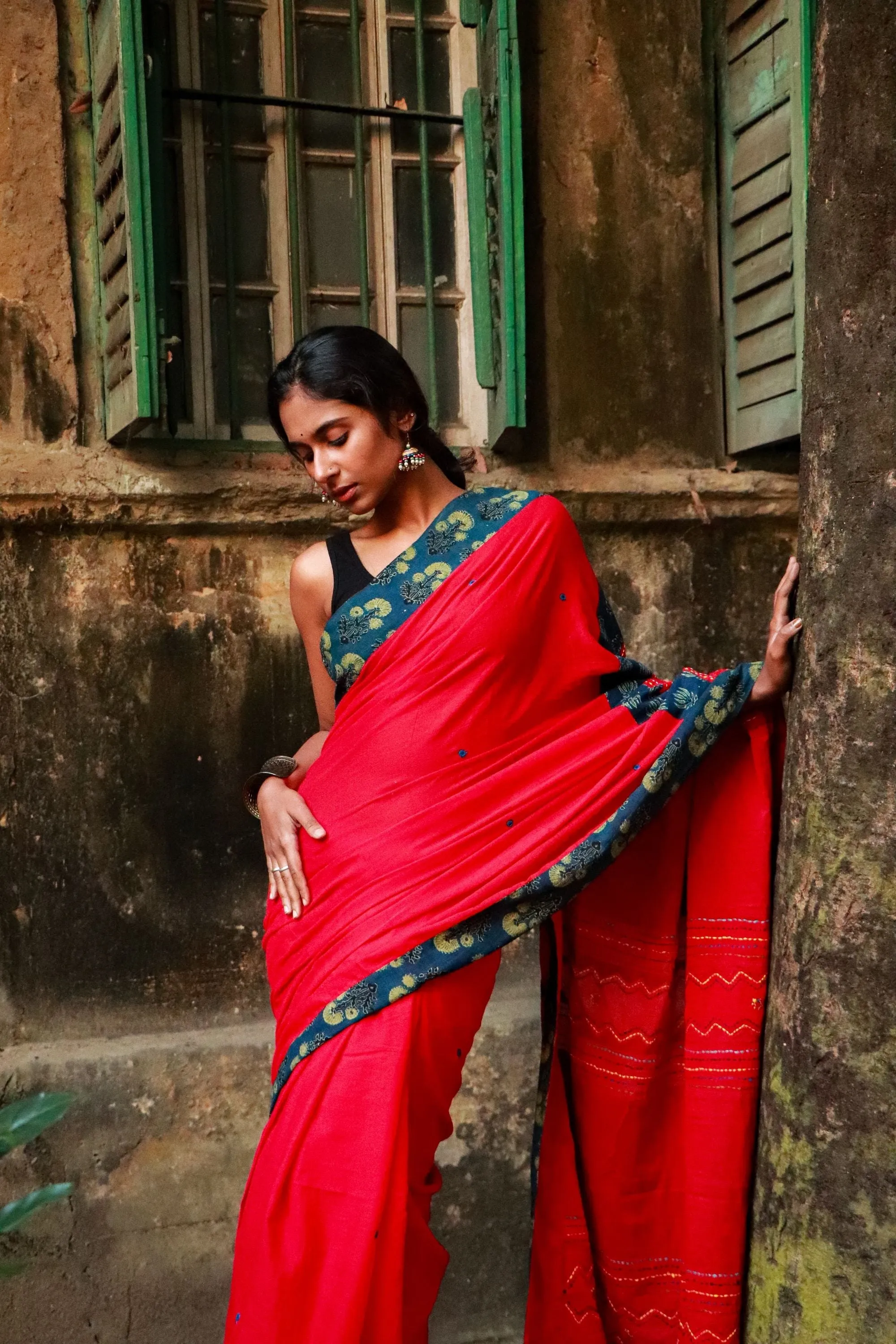 Jharokha -  Blue and Red Ajrakh handblockprinted patchwork Gudri Barmer saree