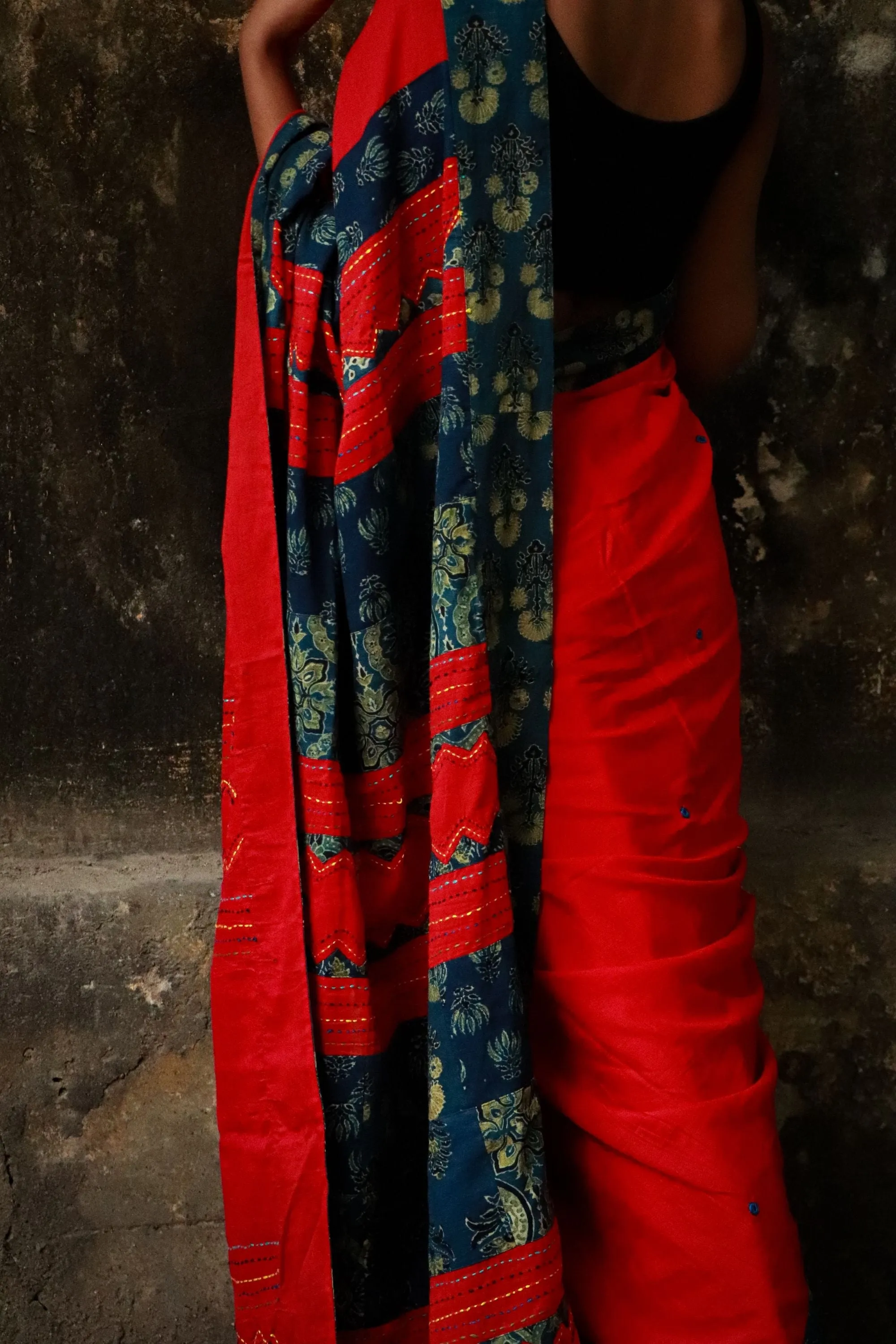 Jharokha -  Blue and Red Ajrakh handblockprinted patchwork Gudri Barmer saree