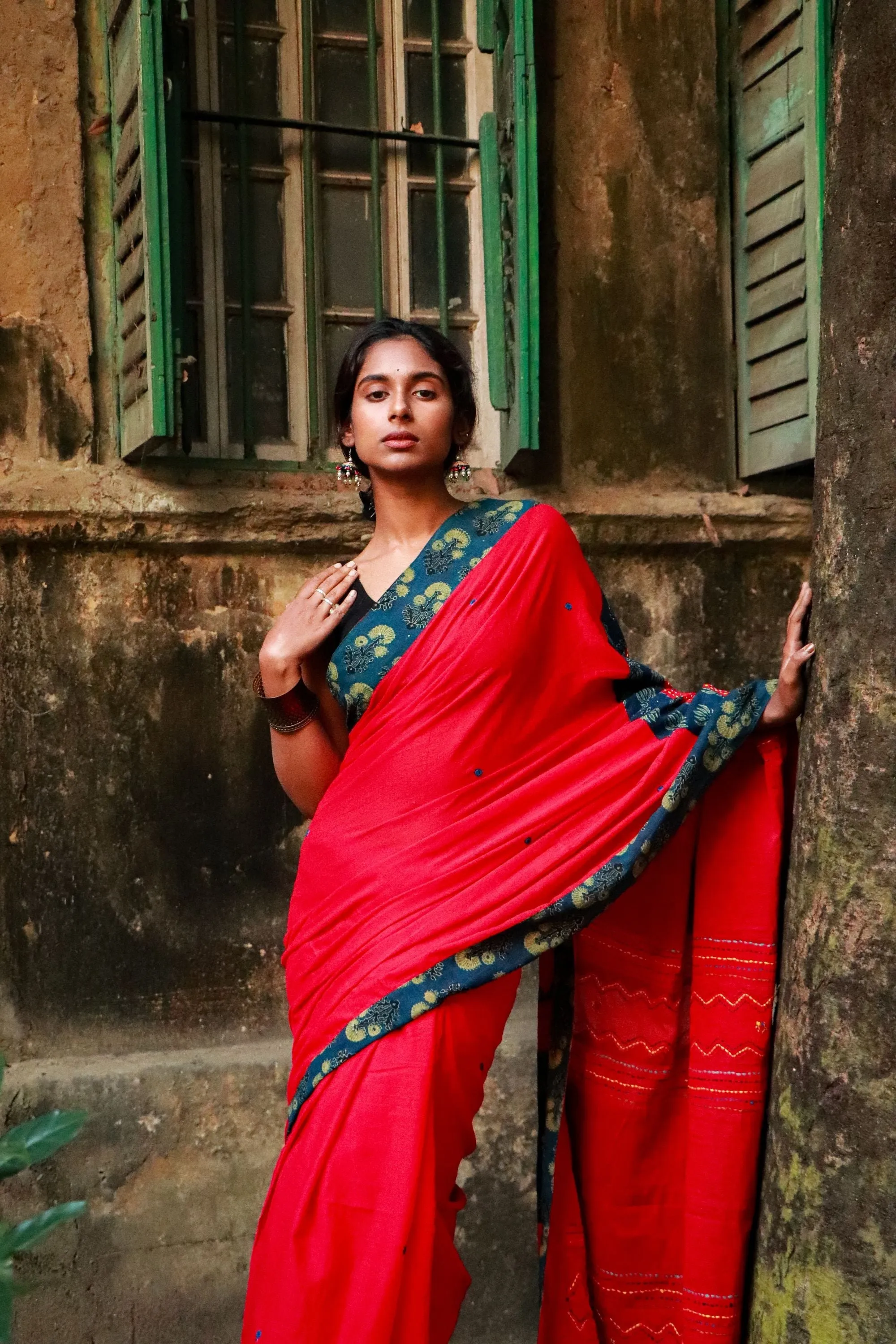 Jharokha -  Blue and Red Ajrakh handblockprinted patchwork Gudri Barmer saree