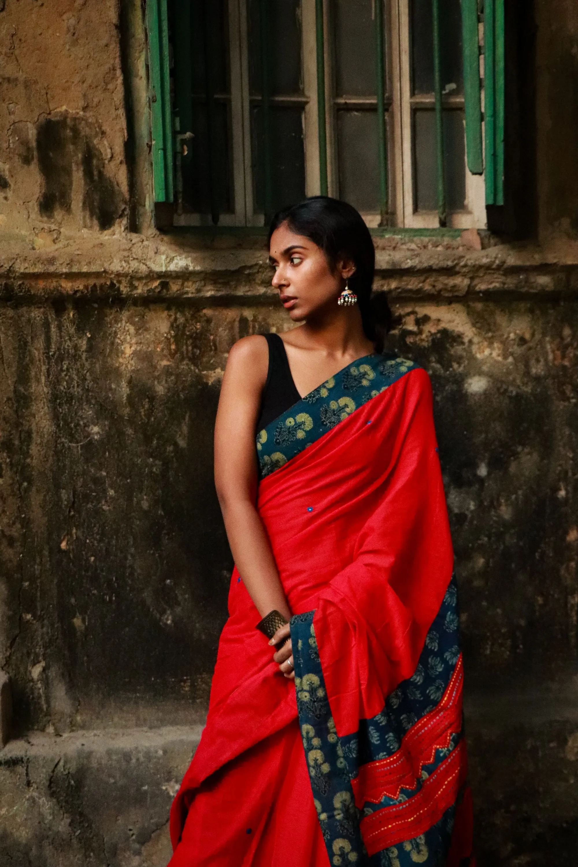 Jharokha -  Blue and Red Ajrakh handblockprinted patchwork Gudri Barmer saree