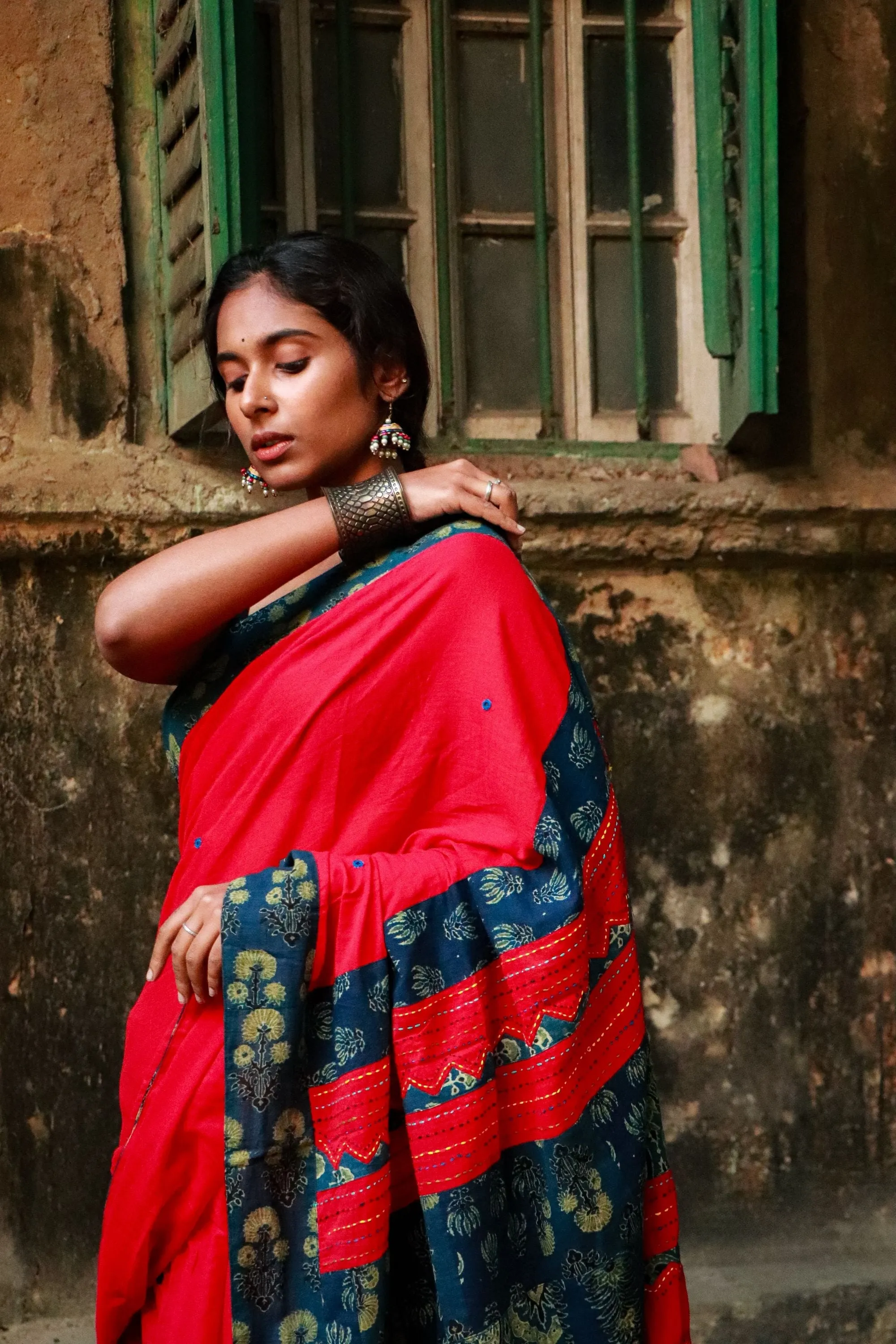 Jharokha -  Blue and Red Ajrakh handblockprinted patchwork Gudri Barmer saree