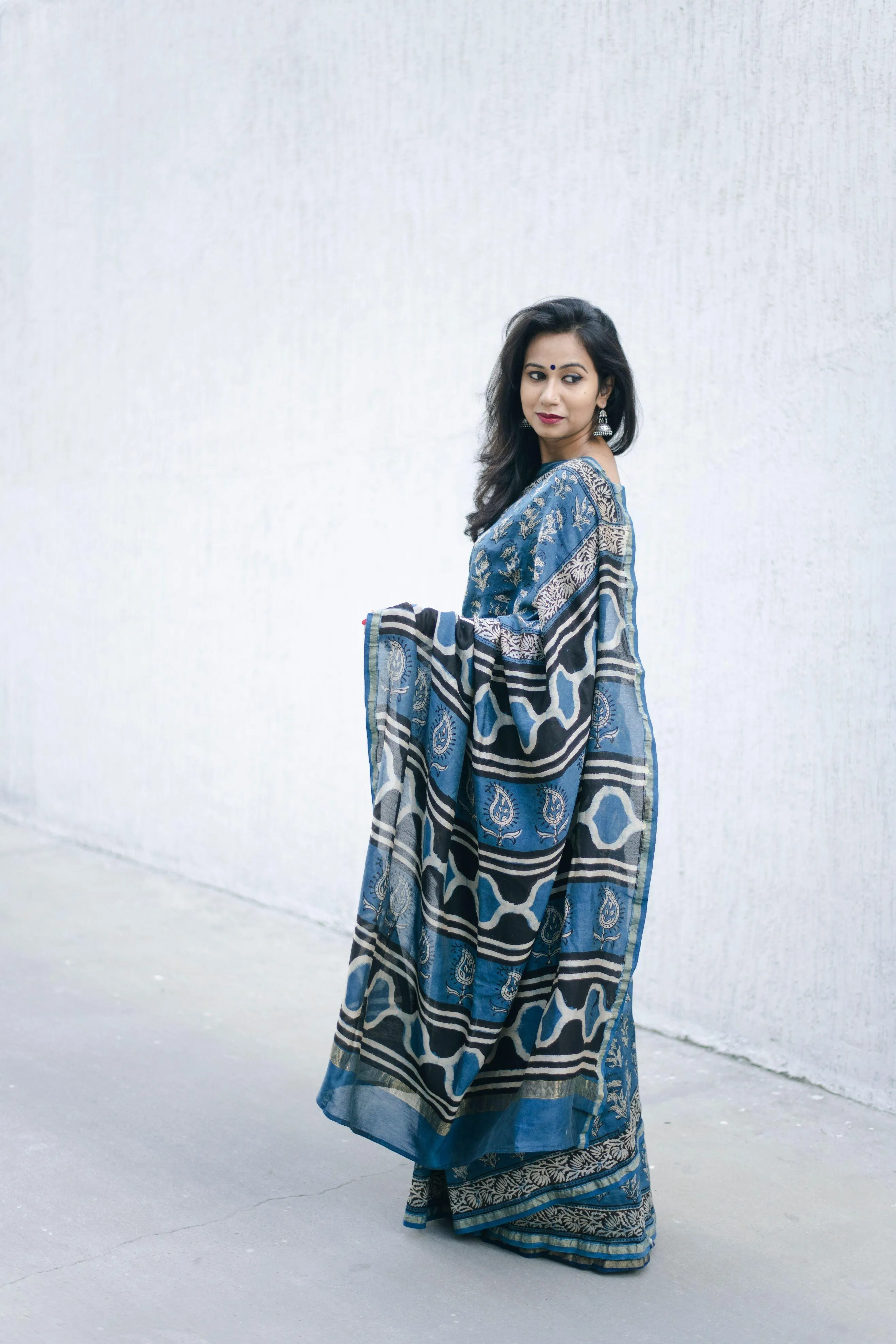 Kaisori Malhar - Dabu Light  Indigo handblockprinted Silk Cotton saree